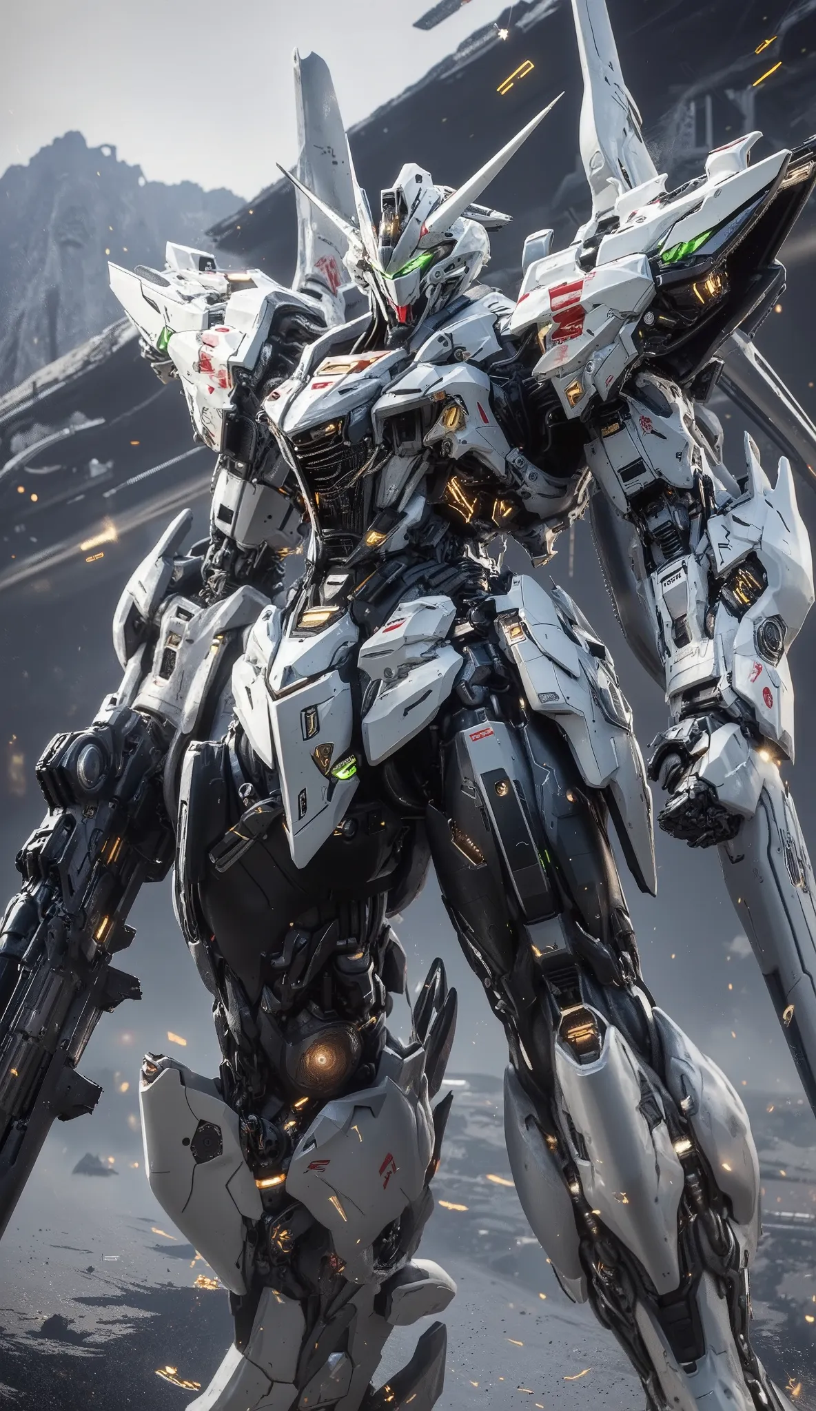 Oblique Low Angle Shots,hyperrealism art
Robots like Freedom Gundam, upper body closeup, Portrait Style,
Mechanical parts, Futuristic city ruins, Poses with guns, action scene, FLYING ,
Dynamic Composition, low angle between mountains, green_Dual Eye, g...