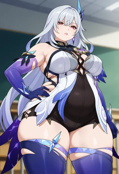 anime screencap, masterpiece, best quality,
1girl, solo, parted lips,
 1girl, solo, mature female, skirk \(genshin impact\), genshin impact, 1girl, solo, breasts, long hair, gloves, thighhighs, looking at viewer, elbow gloves, hand on hip, bangs, hair orna...