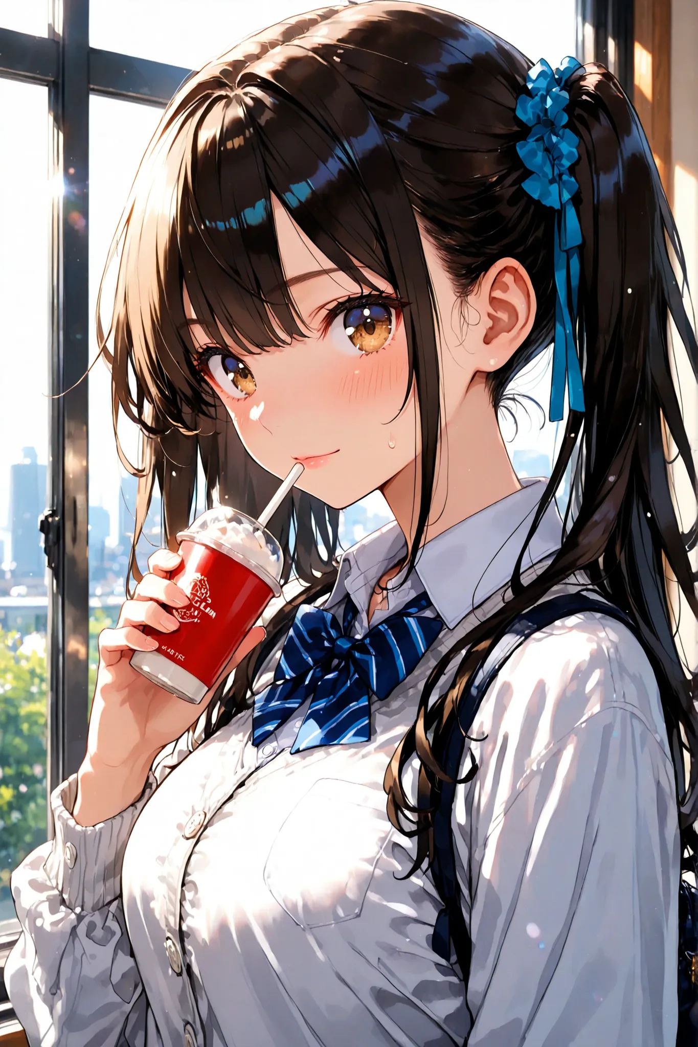 Vertical Composition. The same young woman from the previous scene is standing silently at the window in the early morning light. She is long, She has jet black hair that is past her shoulders, Consistent with previous appearances. She is wearing a dark co...