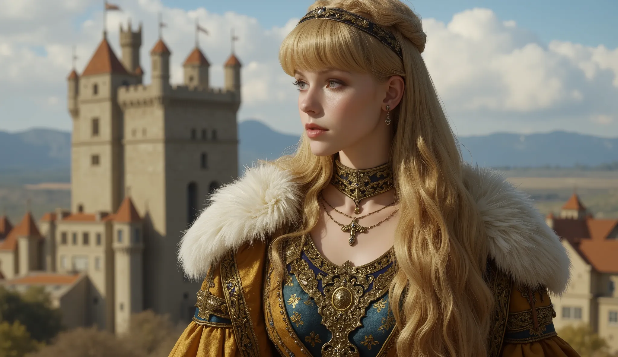 photo still from a 1970s fantasy epic film, a beautiful young Nordic woman as a Slavic princess, (long golden blonde hair with blunt bangs:1.2), (delicate porcelain skin:1.1), innocent yet determined eyes, petite and graceful physique. She wears an (exquis...