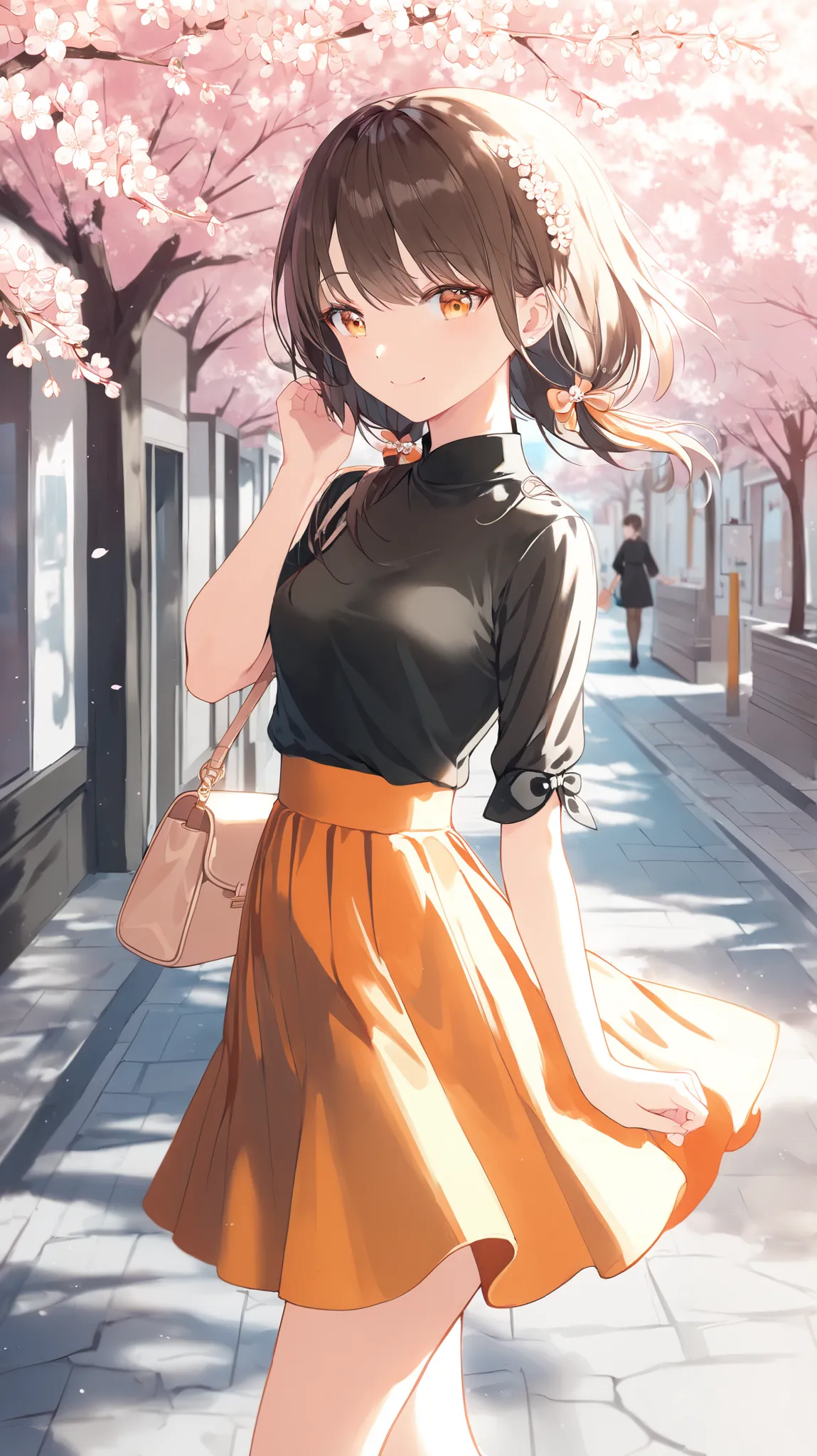 korean young woman, long dark brown made into elegant and cute hairstyle, light orange eyes, small round face, cute smile, small breasts, wearing black shirt, she is wearing long light orange skirt and holds beige handbag on her arm and having high heels o...