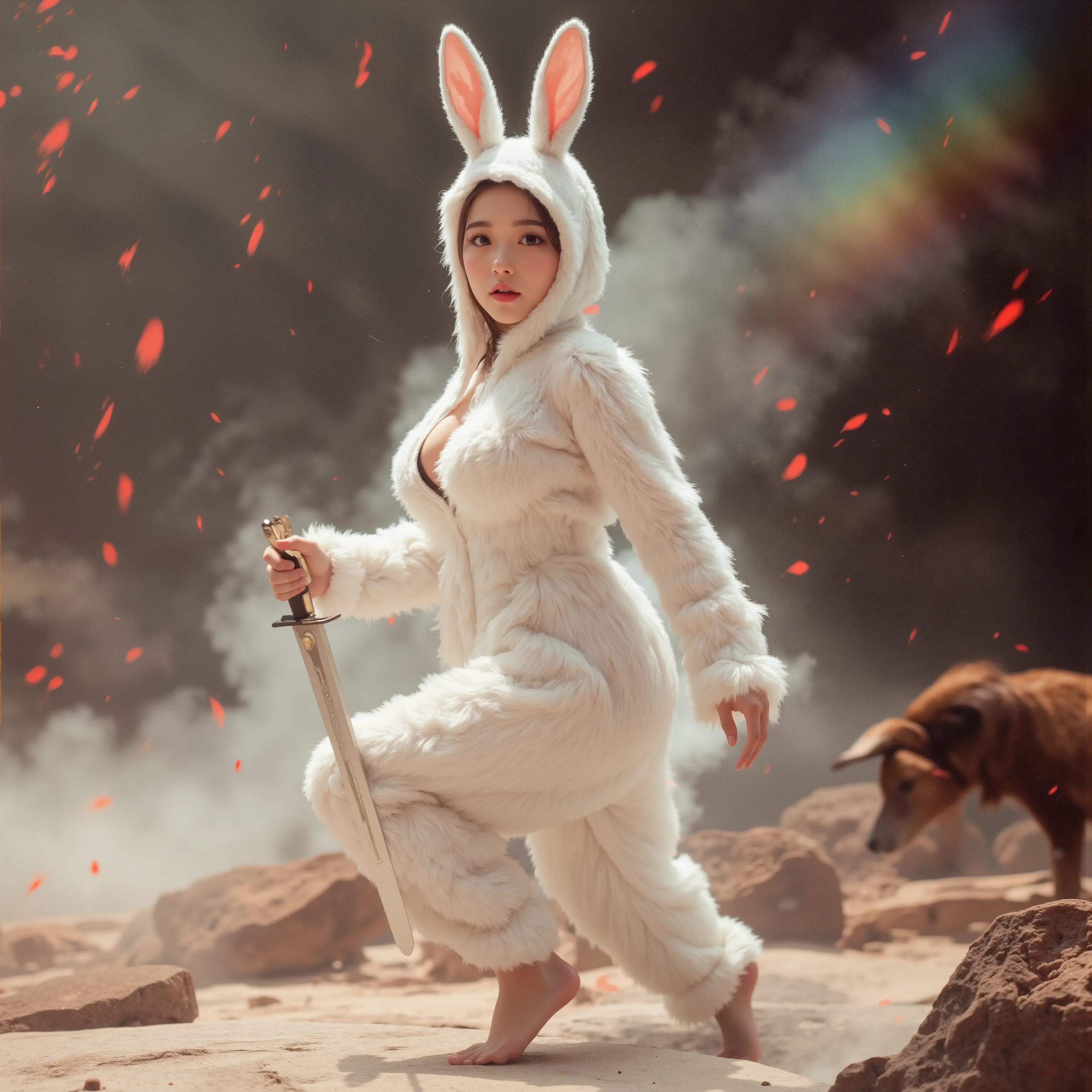 ExtremelyDetailed Sexy Vorpal Bunny Girls in Live-Action, The white Vorpal Bunny turned into a Kawaii Bishoujo, 変化之術, Smoky witchcraft, smoking hot, Stuffed Bunny Hooded fluffy Onesie with open zipper, inspired by "Through the Looking-Glass, and What Alice...