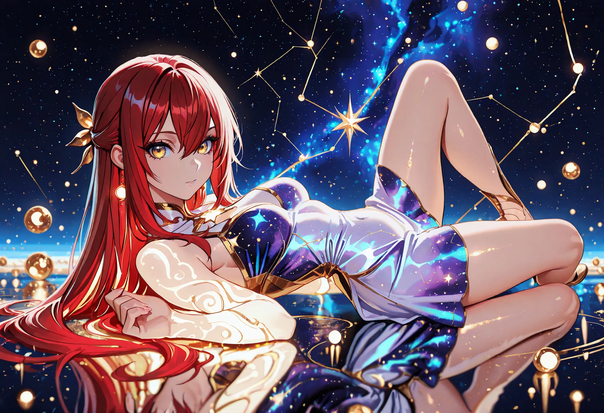 1 girl , golden eyes , very long hair , long sidelocks, red hair ,half updo, petite , very cute , beautiful ,Straight hair, cool, handsome, hair between eyes, sexy, medium breasts 
character focus, depth of field, glowing particles, glowing, reflection, go...