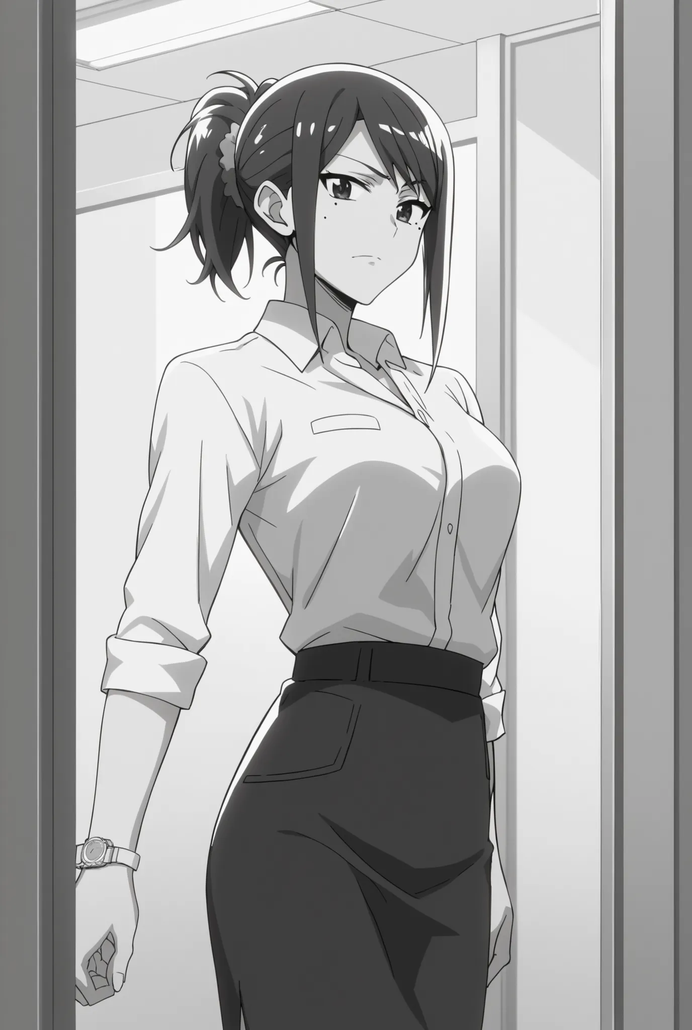 kuzuhara san,kuzuhara midori,enomot,えの素,葛原さん,office uniform,ponytail,No expression,big breasts,slender,beautiful woman,mole under left eye,black hair,long hair,long sideburns,Japanese girl,black eyes,only have black eyes,no glasses,  ,manga monochrome , li...
