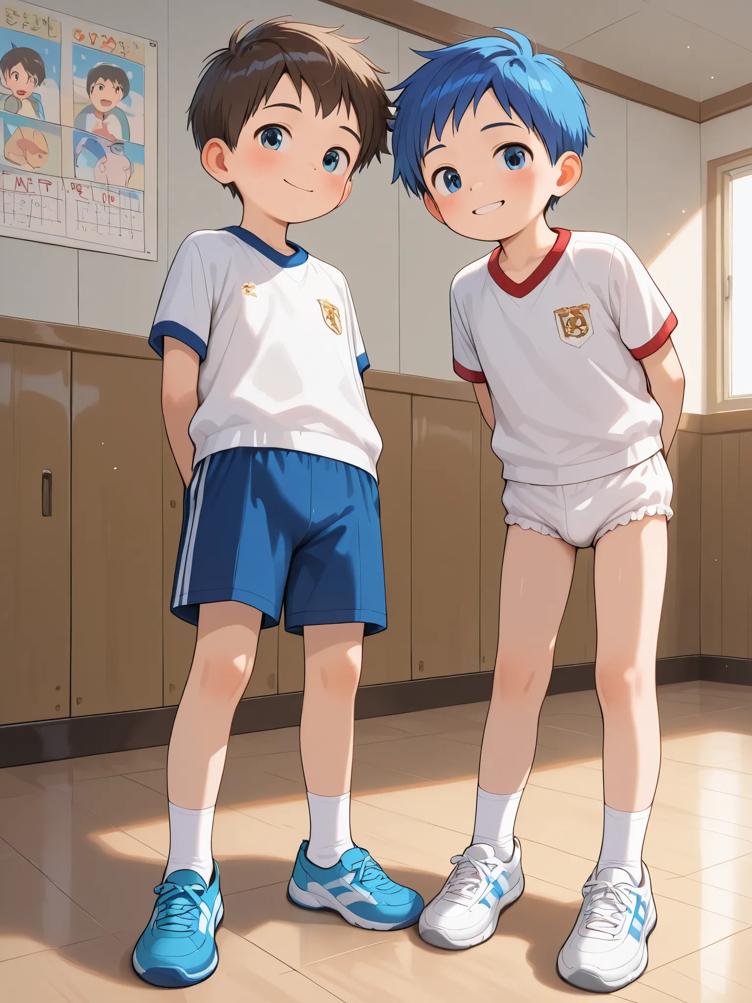 (shota), young boy, cute, smile, (elementary school student), gym uniform, (bloomer), (very detailed and accurate), perfect anatomy, full body shot,