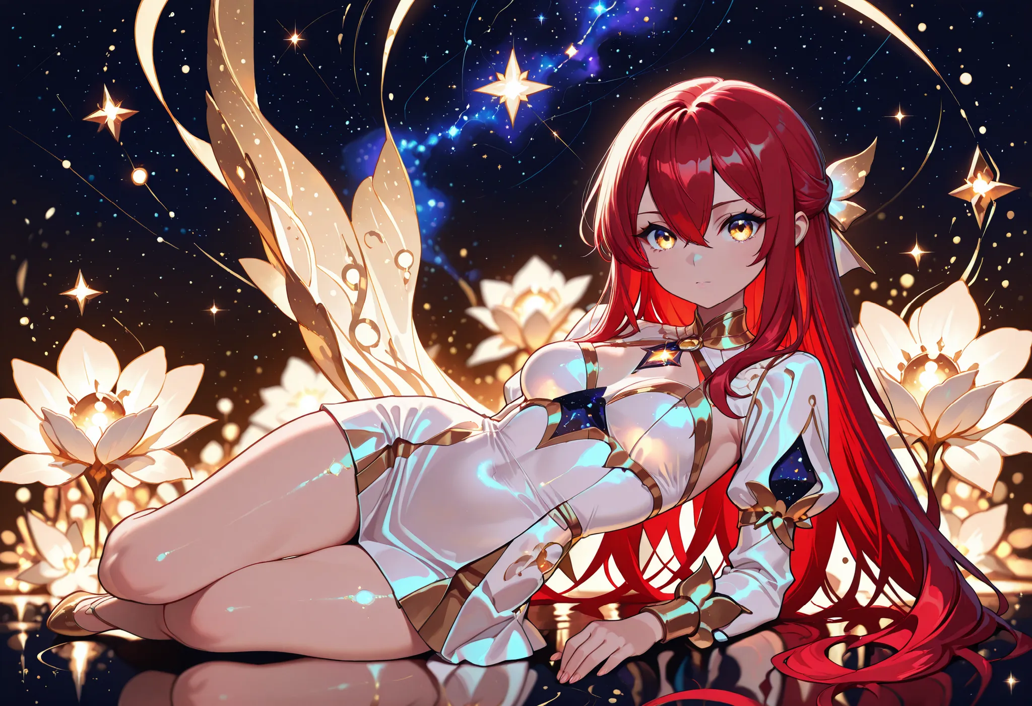 1 girl , golden eyes , very long hair , long sidelocks, red hair ,half updo, petite , very cute , beautiful ,Straight hair, cool, handsome, hair between eyes, sexy, medium breasts
character focus, depth of field, glowing particles, glowing, reflection, go...