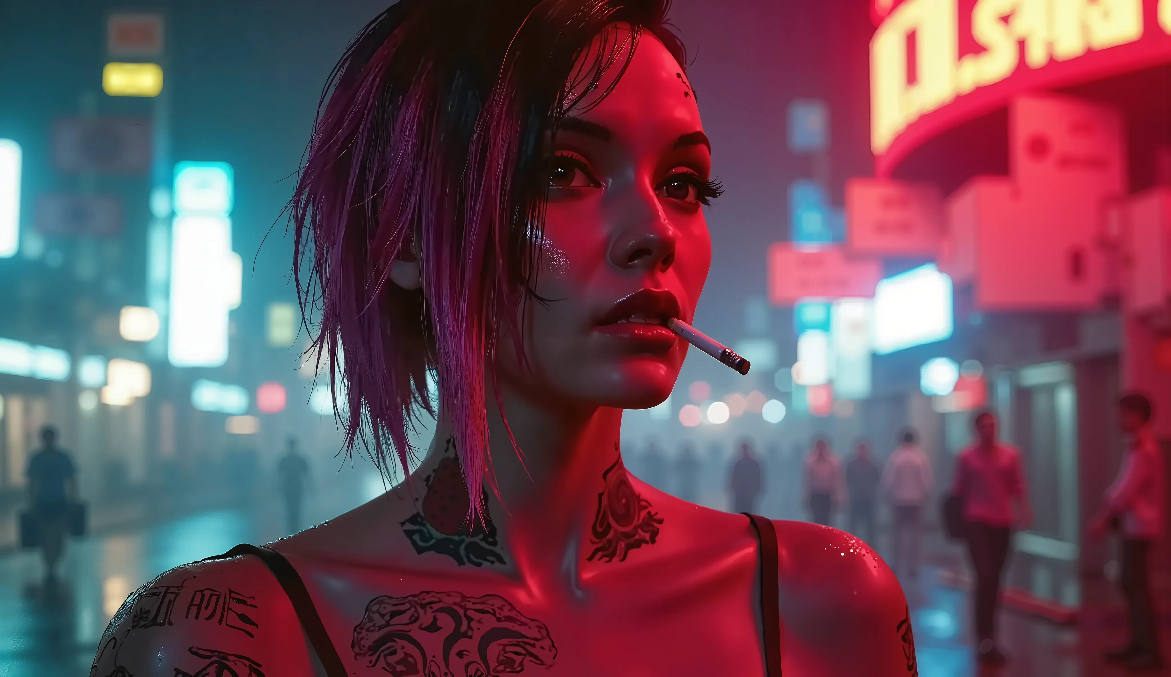 epic full body shof of japanese style cyberpunk metal gear android girl with cybernetic displays smoking cigarette in rain and implants, cool fitting clothes, japan style, high detail, graphitte background, red aura, moodyinnovation. aidmaMJ6.1rapid 8K ...