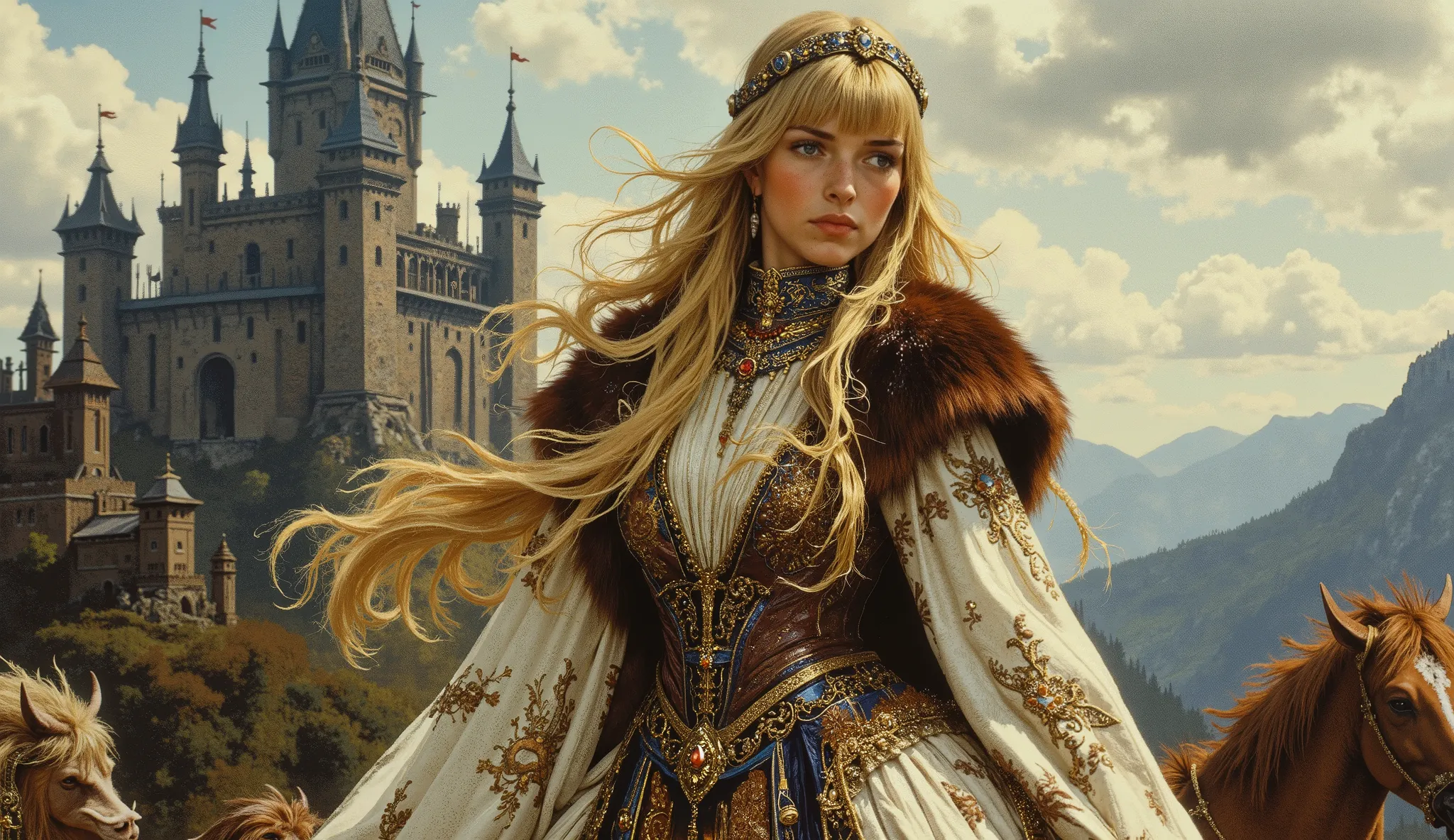 photo still from a 1970s fantasy epic film, a beautiful young Nordic woman as a Slavic princess, (long golden blonde hair with blunt bangs:1.2), (delicate porcelain skin:1.1), innocent yet determined eyes, petite and graceful physique. She wears an (exquis...