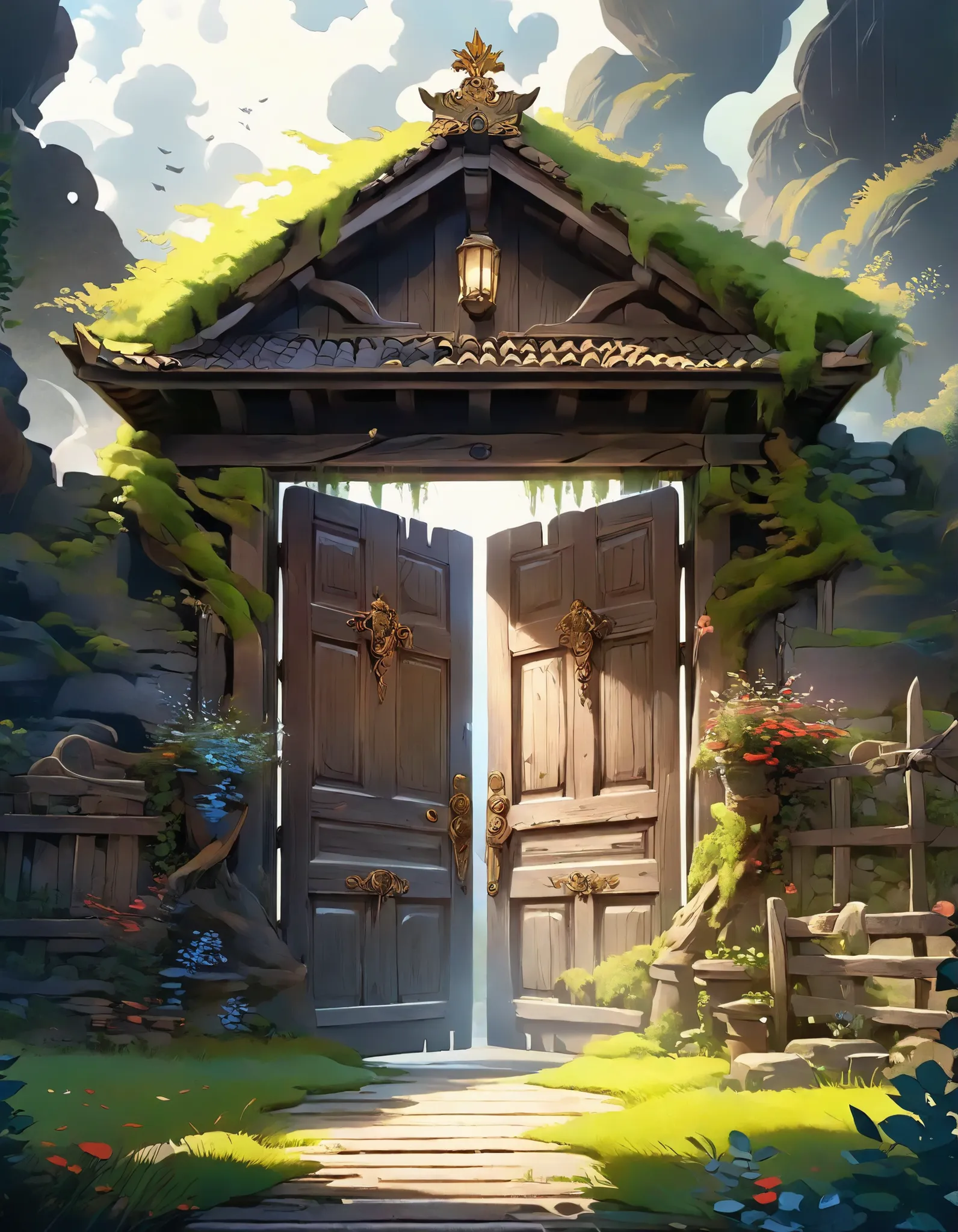 {{masterpiece, Mysterious Breath ,A wooden door to the unknown,dark,plant,Ancient Europe and America , front,Magic Elements,Door Closure