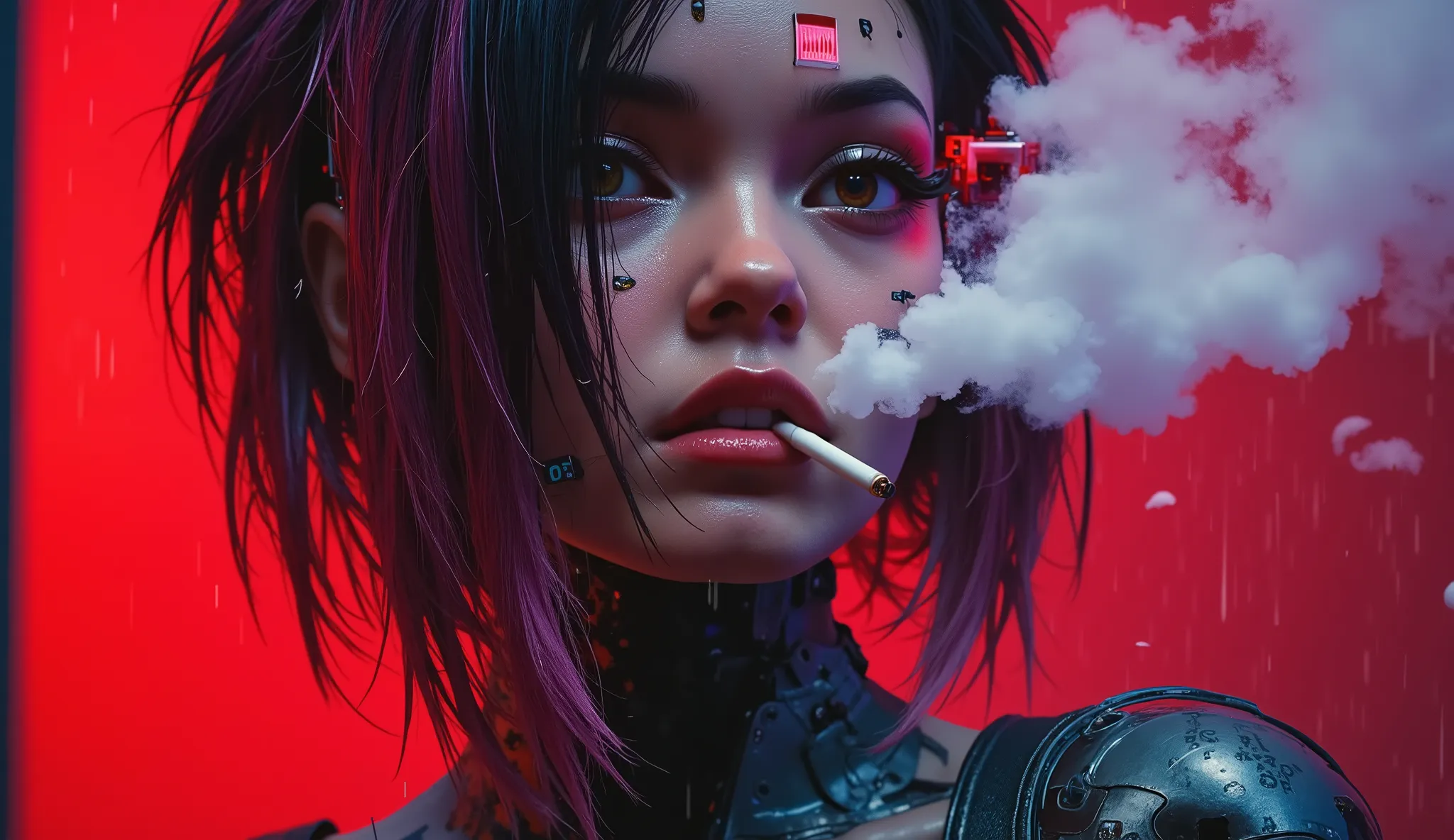 epic full body shof of japanese style cyberpunk metal gear android girl with cybernetic displays smoking cigarette in rain and implants, cool fitting clothes, japan style, high detail, graphitte background, red aura, moodyinnovation. aidmaMJ6.1rapid 8K ...