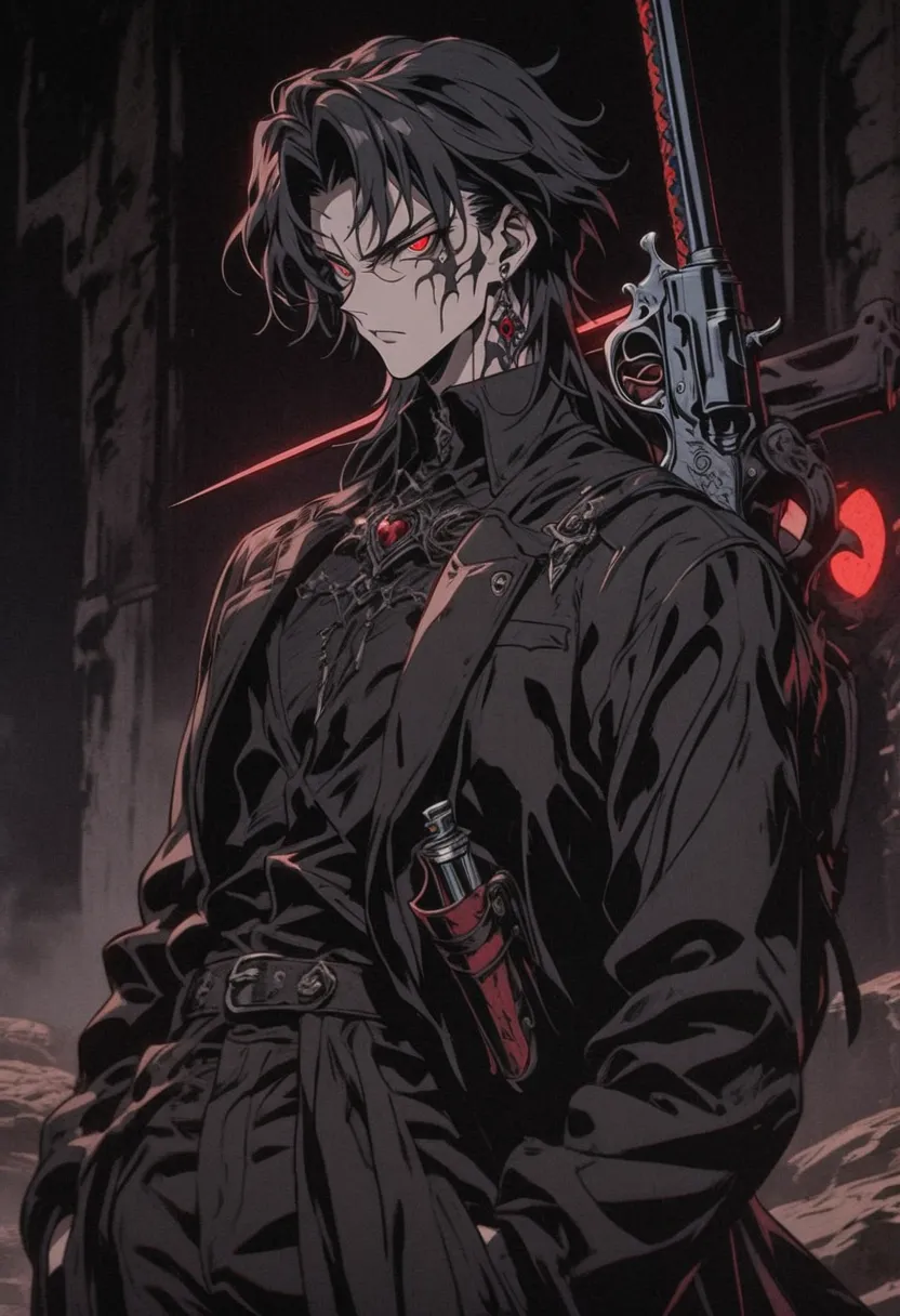 a man with red eyes, dressed in a black jacket. He possesses a sword strapped to his back and holds a revolver in his hand. The style is reminiscent of anime and manga, showcasing elements of gothic and fictional character design.