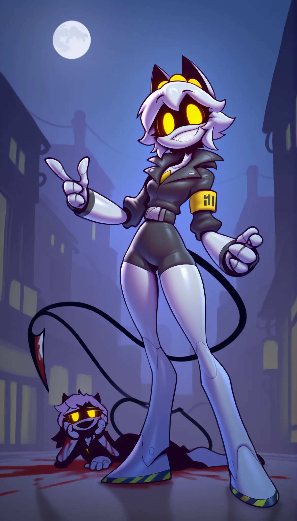(Masterpiece, highest quality: 1.4), fine and intricate details, high quality, very aesthetic, high resolution, absurd, perfect anatomy.
1 , alone.
By bonifasko, by r-mk.
Man.
Standing, robot, smiling, glowing eyes, light blue details, tail, four fingers, ...