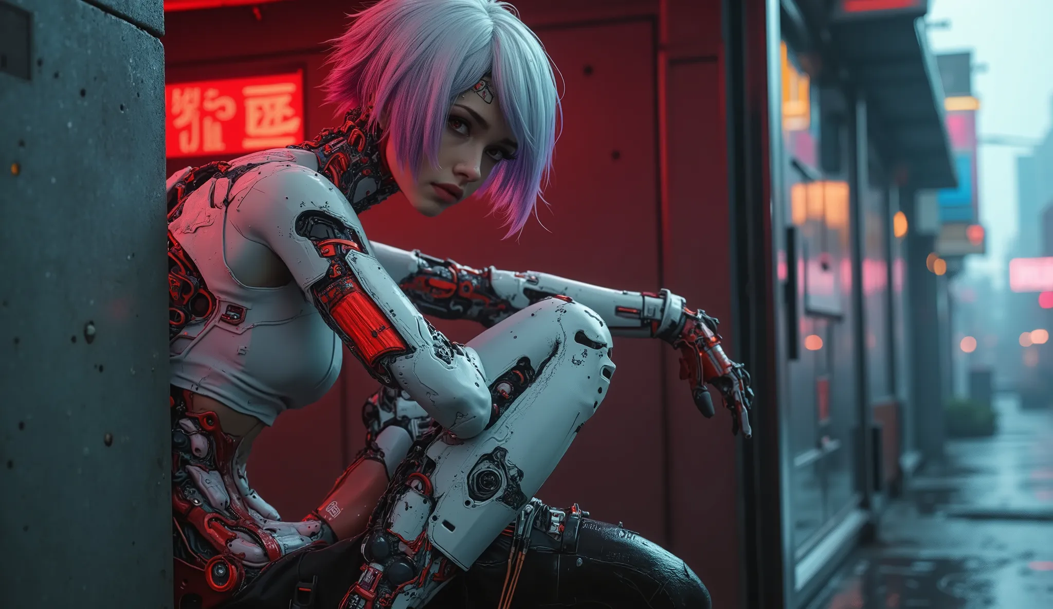 epic full body shof of japanese style cyberpunk metal gear android girl with cybernetic displays with folded arms, leaning against the wall,in rain and implants, cool fitting clothes, japan style, high detail, graphitte background, red aura, moodyinnova...