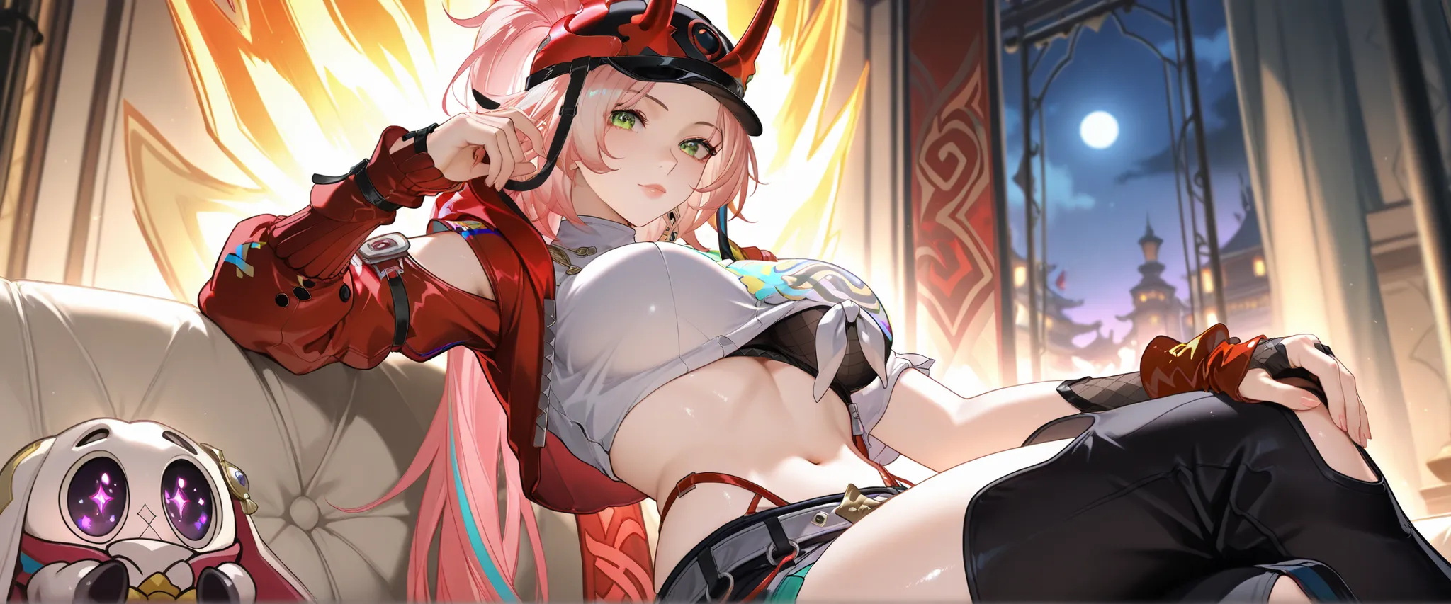  masterpiece,  ultra quality, ultra detailed, newest, 1 solo, looking at the viewer, tiro de cowboy, long hair, shiny eyes, ,   big breasts, lips, rappa (honkai: star rail), pink hair, long hair, black cap, red horns,  large Chest, belly button, cleeveage,...