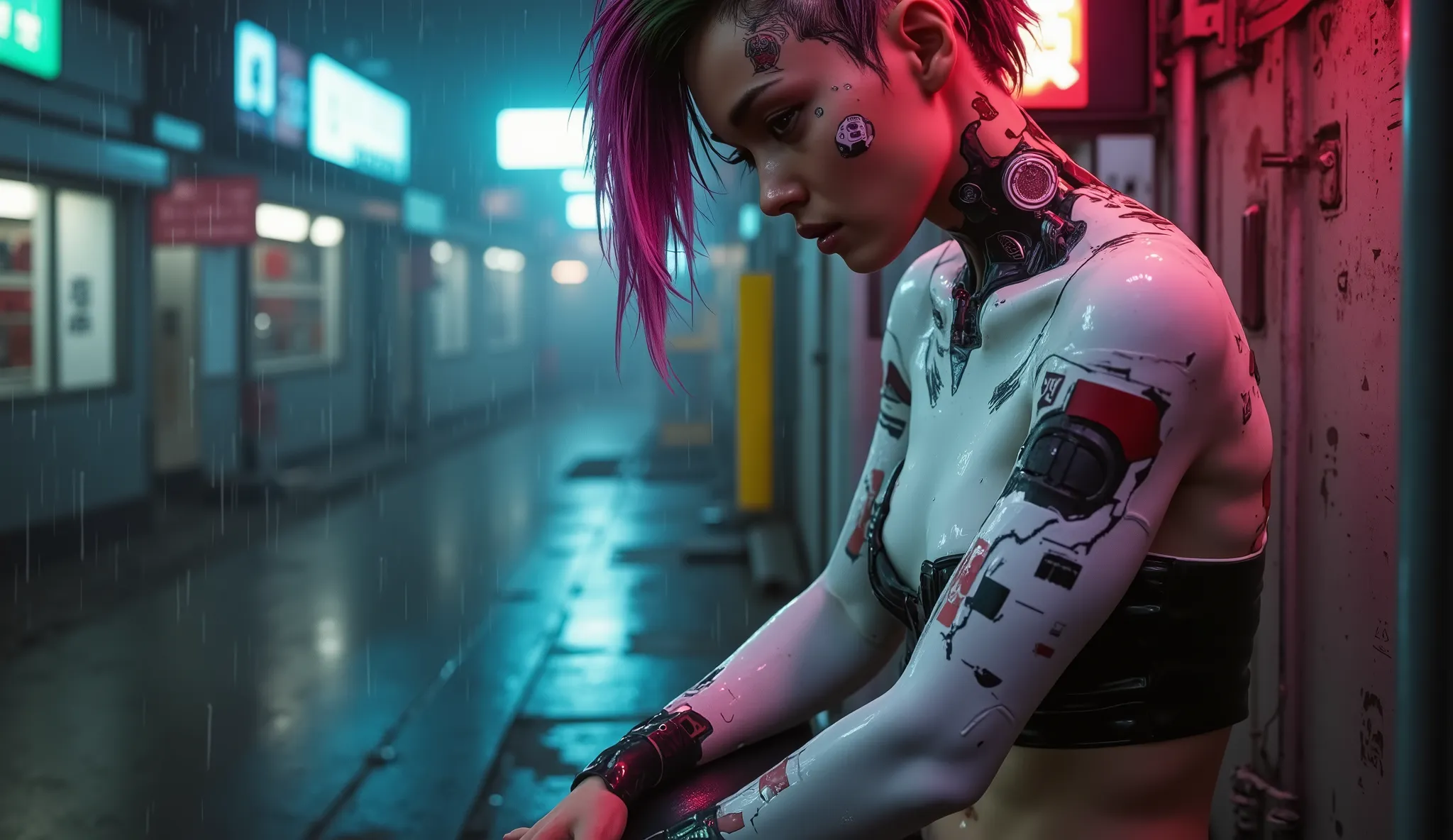 epic full body shof of japanese style cyberpunk metal gear android girl with cybernetic displays with folded arms, leaning against the wall,in rain and implants, cool fitting clothes, japan style, high detail, graphitte background, red aura, moodyinnova...