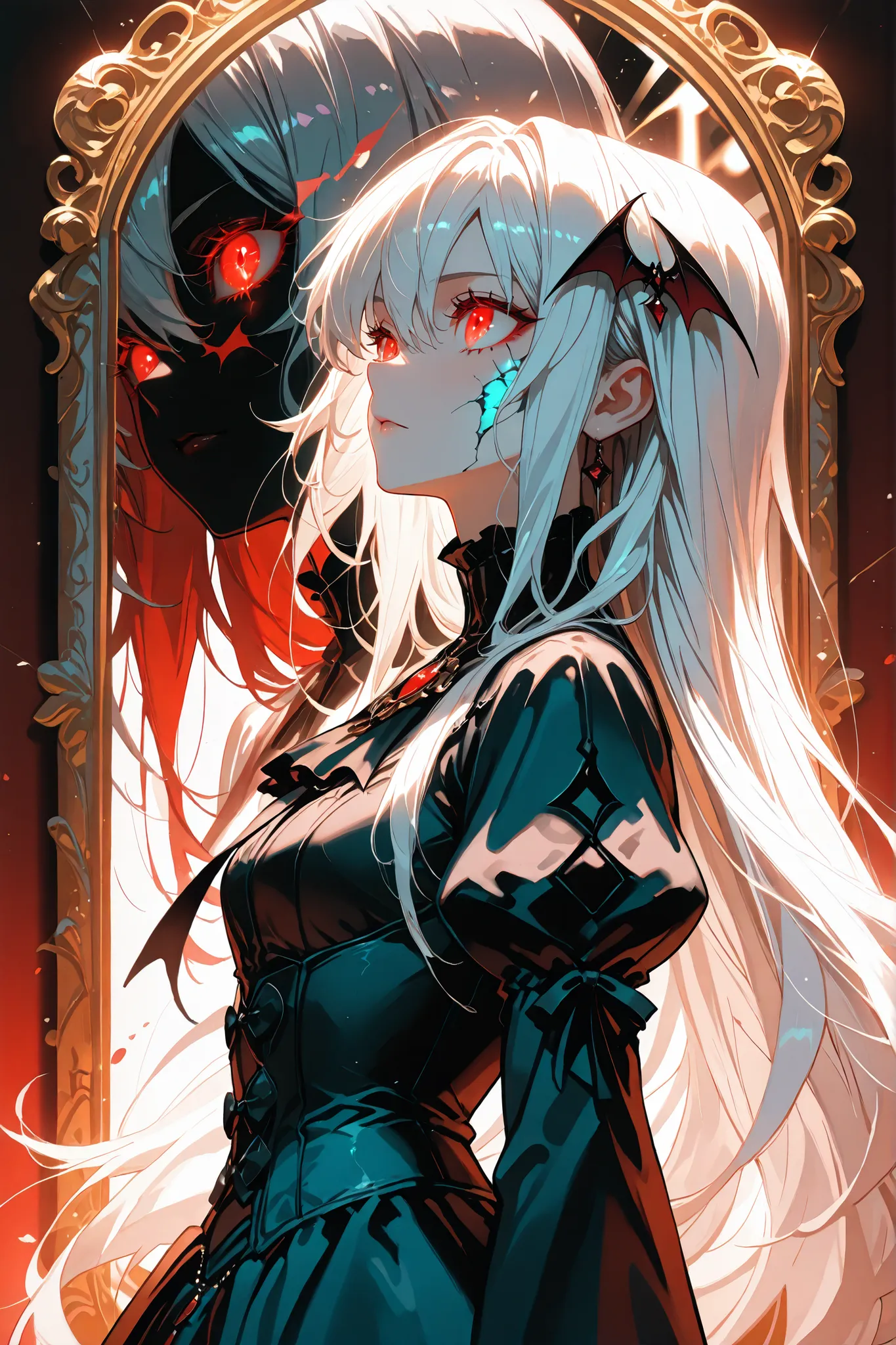 【High quality】【masterpiece】【best quality】【with precise and delicate drawing】【dynamic lighting】【Super Detail】【Super beautiful】【high resolution】鏡を見つめている。視線は鏡。真横からの視点　鏡の中の自分に取り込まれる【from side】　【profile】 A beautiful vampire with long white hair, red eyes, and p...