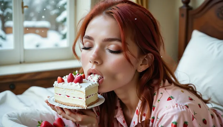 (((Super Close on a woman's face, totally facing the observer))), She is a beautiful red-haired WOMAN who is eating a cake with icing and strawberry icing, Very close to the observer, An 18-year-old young woman, she is dressed in her (((pijama sexy))), (((...