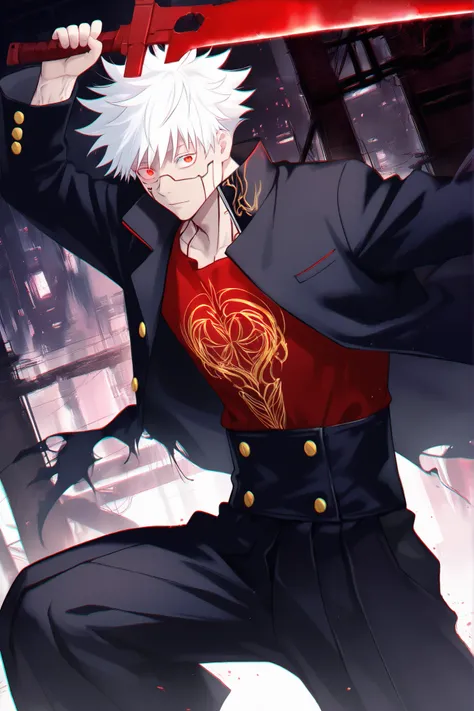 A young shonen manga character with spiky white hair and glowing red eyes, wearing a long black trench-coat-style school blazer with gold embroidery, torn edges, and a crimson shirt underneath. He has a retractable black arm-blade weapon with red veins, po...