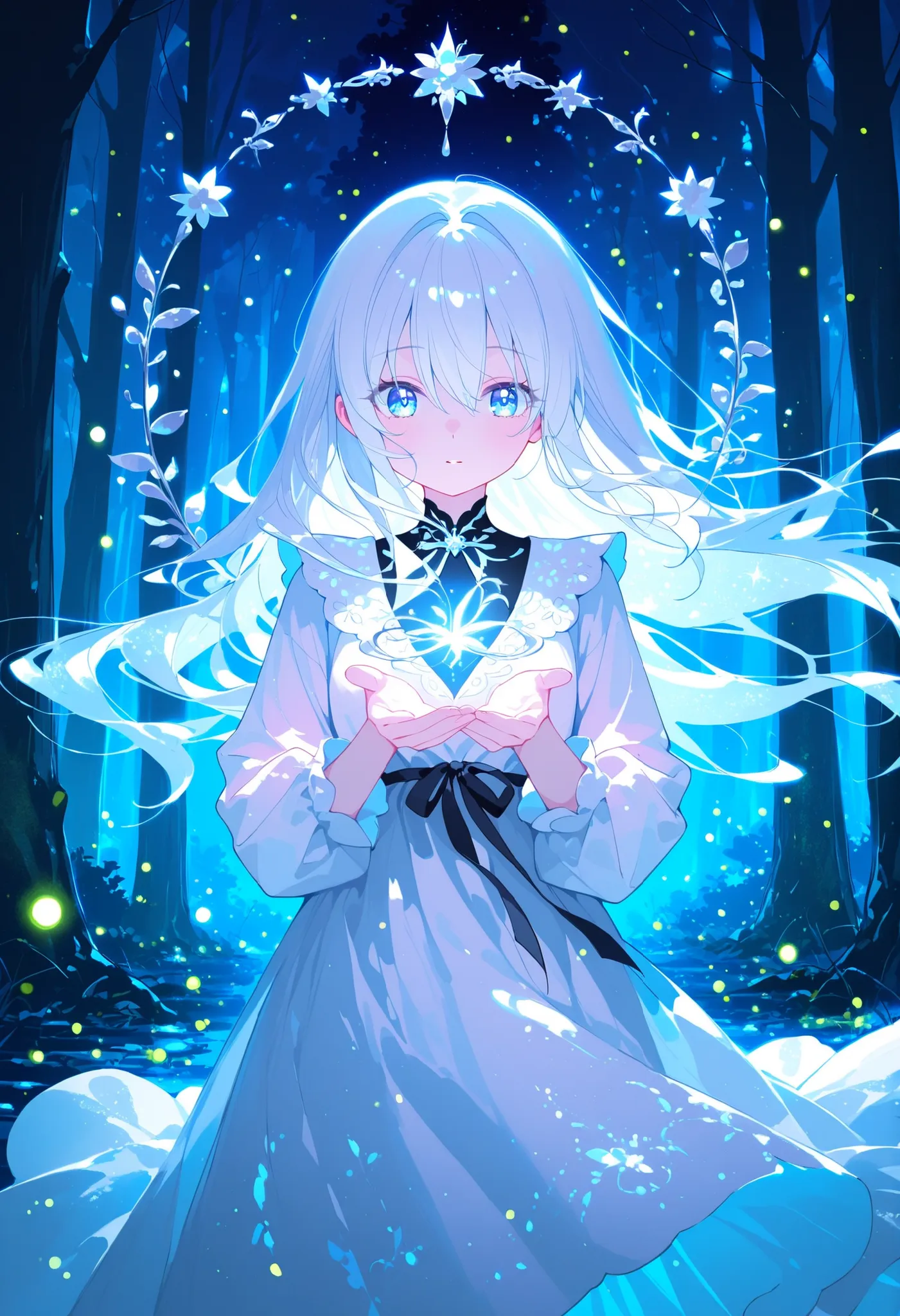A mystical fairy girl standing alone in a moonlit enchanted forest at night, glowing silver hair with black ribbon, long hair gently floating in the wind, blue eyes, wearing a flowing dress with long sleeves, surrounded by soft glowing fireflies and floati...