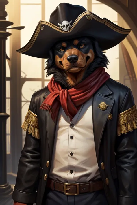 An illustration of a Rottweiler dog as a pirate, preserving the key features of the character: wide snout, bulky body, pirate hat and outfit. The style is semi-realistic with deep shadows, rich textures, and intricate detail. The dog has a more serious and...