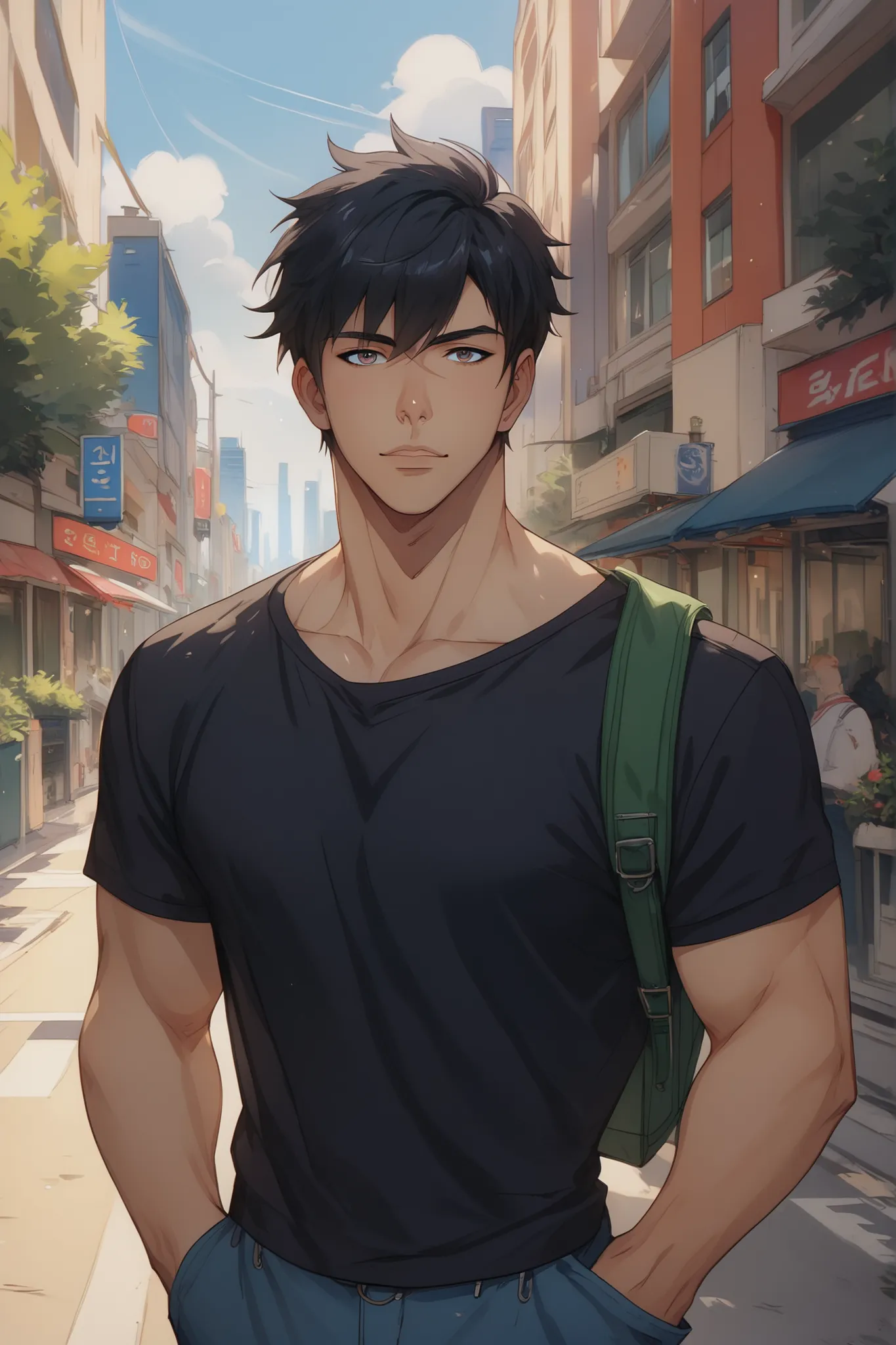 A portrait of a wide shoulders, black hair, hair bangs, guy, with dark eyes, large pecs, soft pecs, tight black shirt, trousers, backpack, looking at viewer, confident expression, futuristic sci fi city street background, exterior, large clouds, cowboy s...