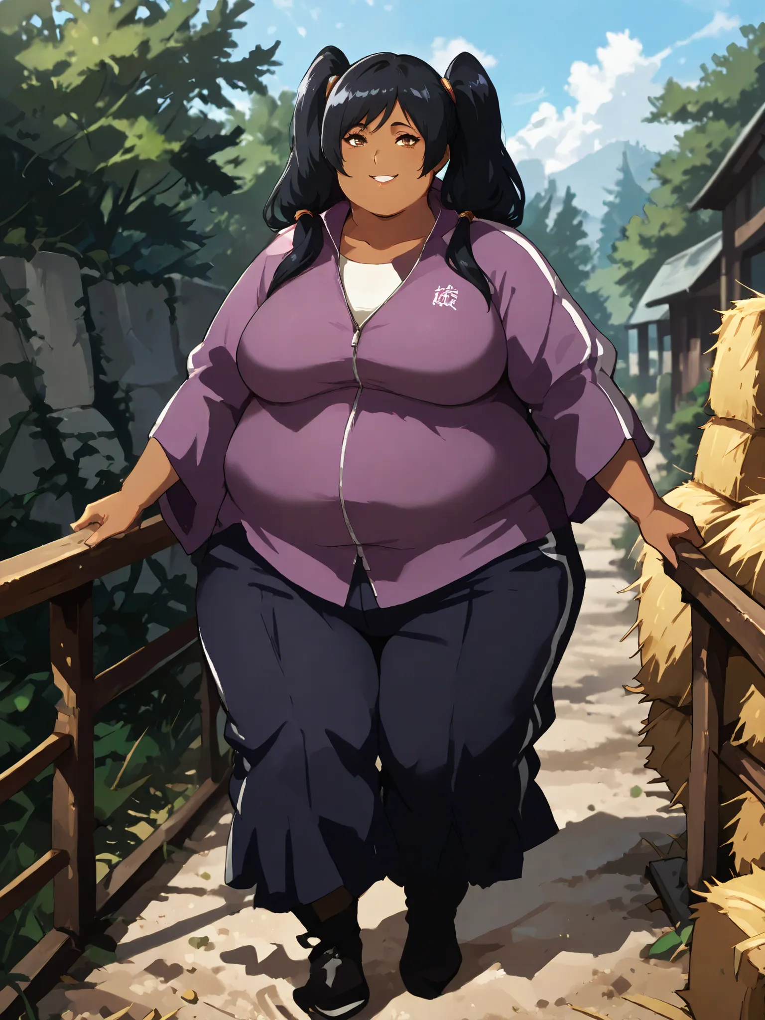 masterpiece, best quality, high resolution,score_9, score_8_up, score_7_up, score_6_up, source_anime, 1girl, solo, hay lin, athleisure, purple jacket, large breasts, long hair, twin tails, black hair, brown eyes, dark skin, smiling, outdoors, wasteland, f...