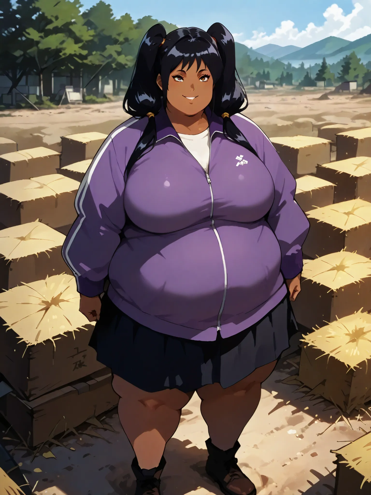masterpiece, best quality, high resolution,score_9, score_8_up, score_7_up, score_6_up, source_anime, 1girl, solo, hay lin, athleisure, purple jacket, large breasts, long hair, twin tails, black hair, brown eyes, dark skin, smiling, outdoors, wasteland, f...