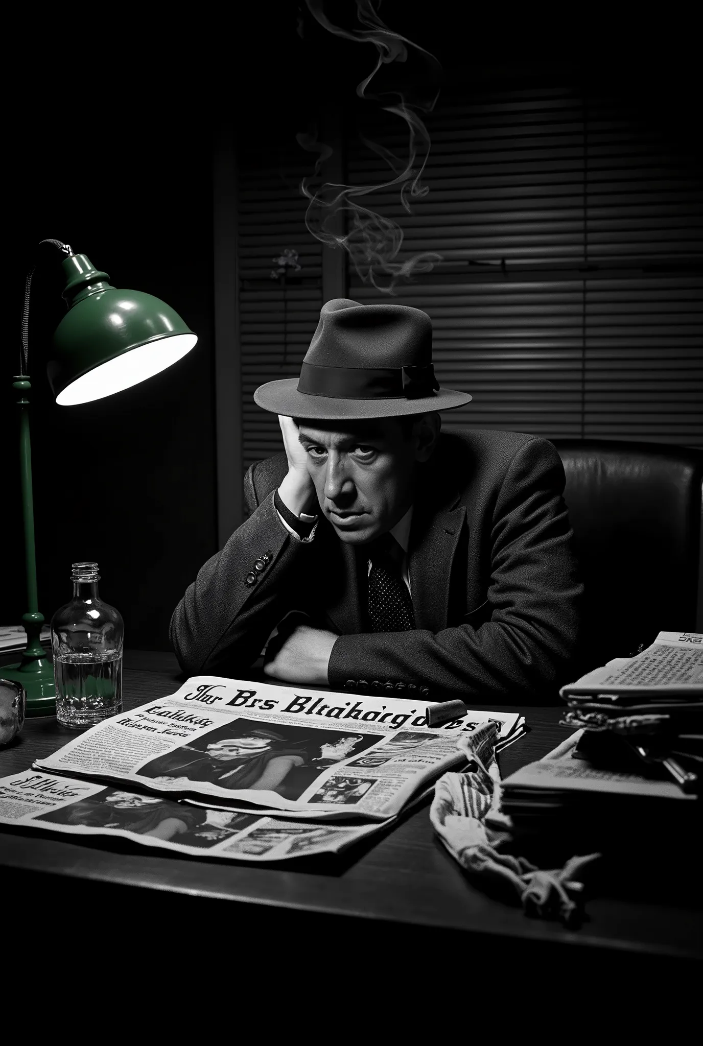"An ultra-realistic BLACK-AND-WHITE scene of a private detective office at night, anos 40, estilo noir. O detetive, a middle-aged man in a fedora hat and crumpled suit, Are you sitting on a leather chair behind a cluttered wooden table, with a bottle of wh...