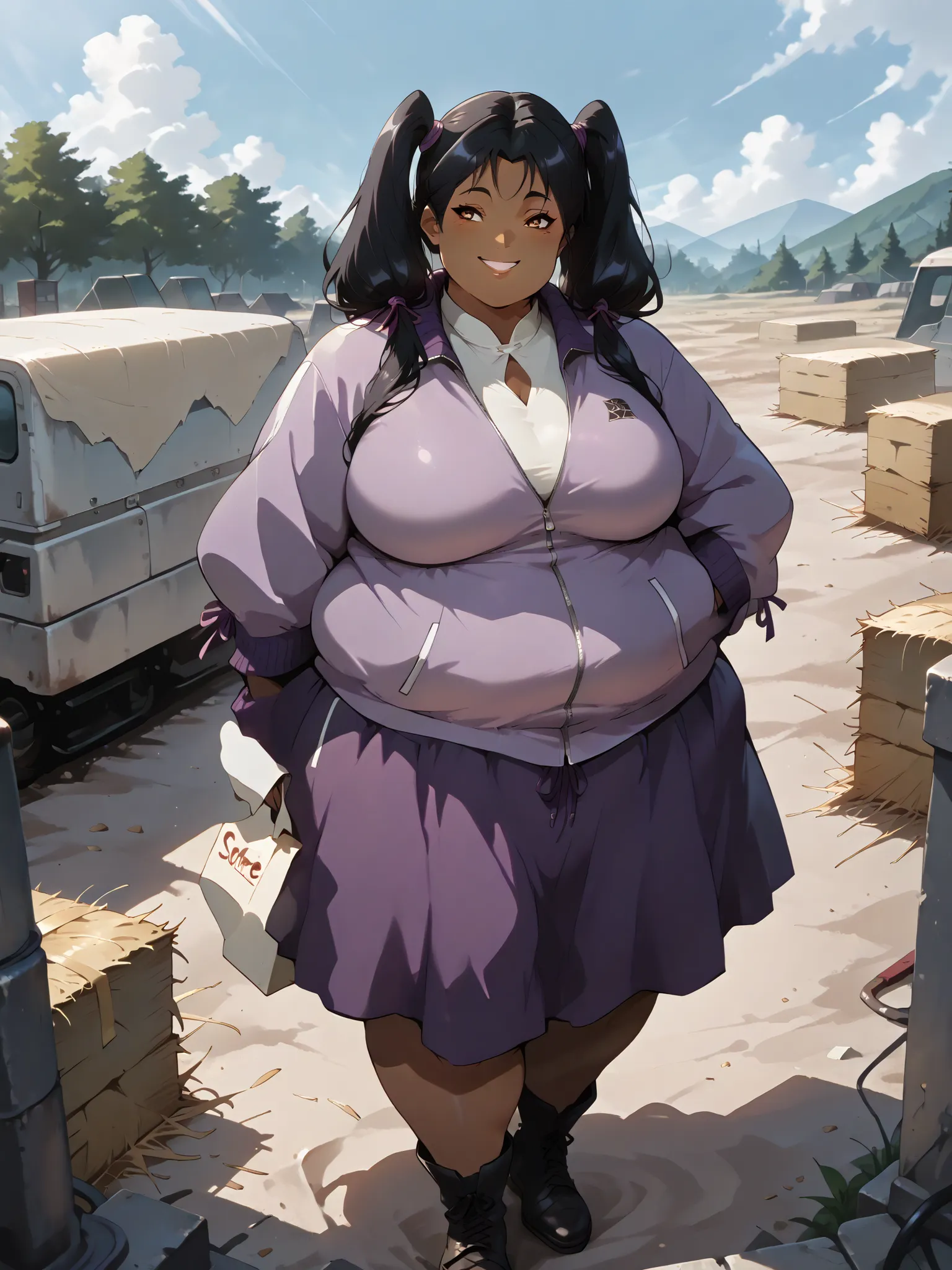 masterpiece, best quality, high resolution,score_9, score_8_up, score_7_up, score_6_up, source_anime, 1girl, solo, hay lin, athleisure, purple jacket, large breasts, long hair, twin tails, black hair, brown eyes, dark skin, smiling, outdoors, wasteland, f...