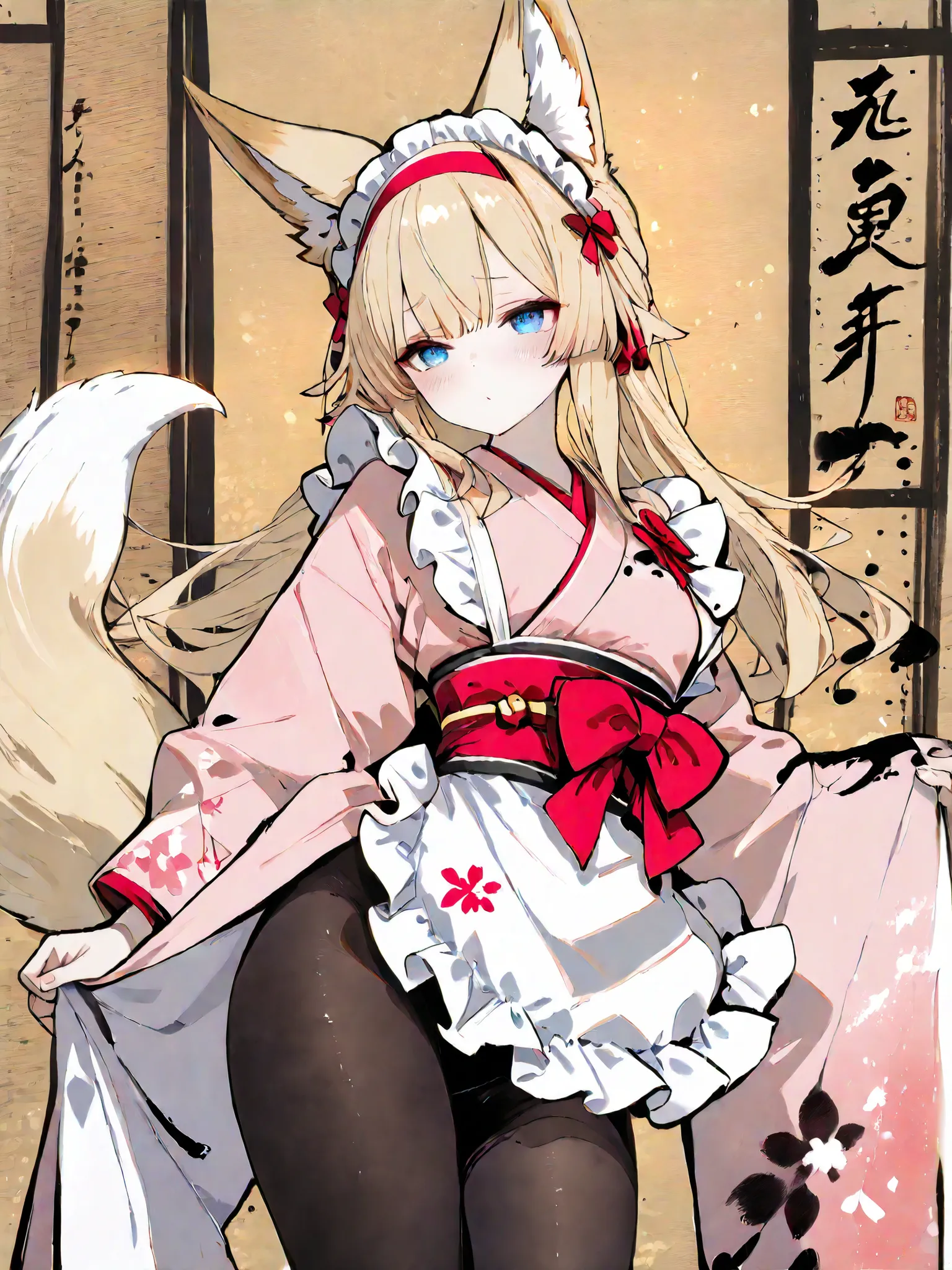 (monochrome, ink painting:1.5), rough drawing, Watercolor, detailed eyes, masterpiece
1 girl,blonde animal ears, long hair,glowing blonde hair, animal ear fur, fox ears, one blonde fox tail, blue eyes, blush, fox girl, ruffles, flat breast,red bow, black ...