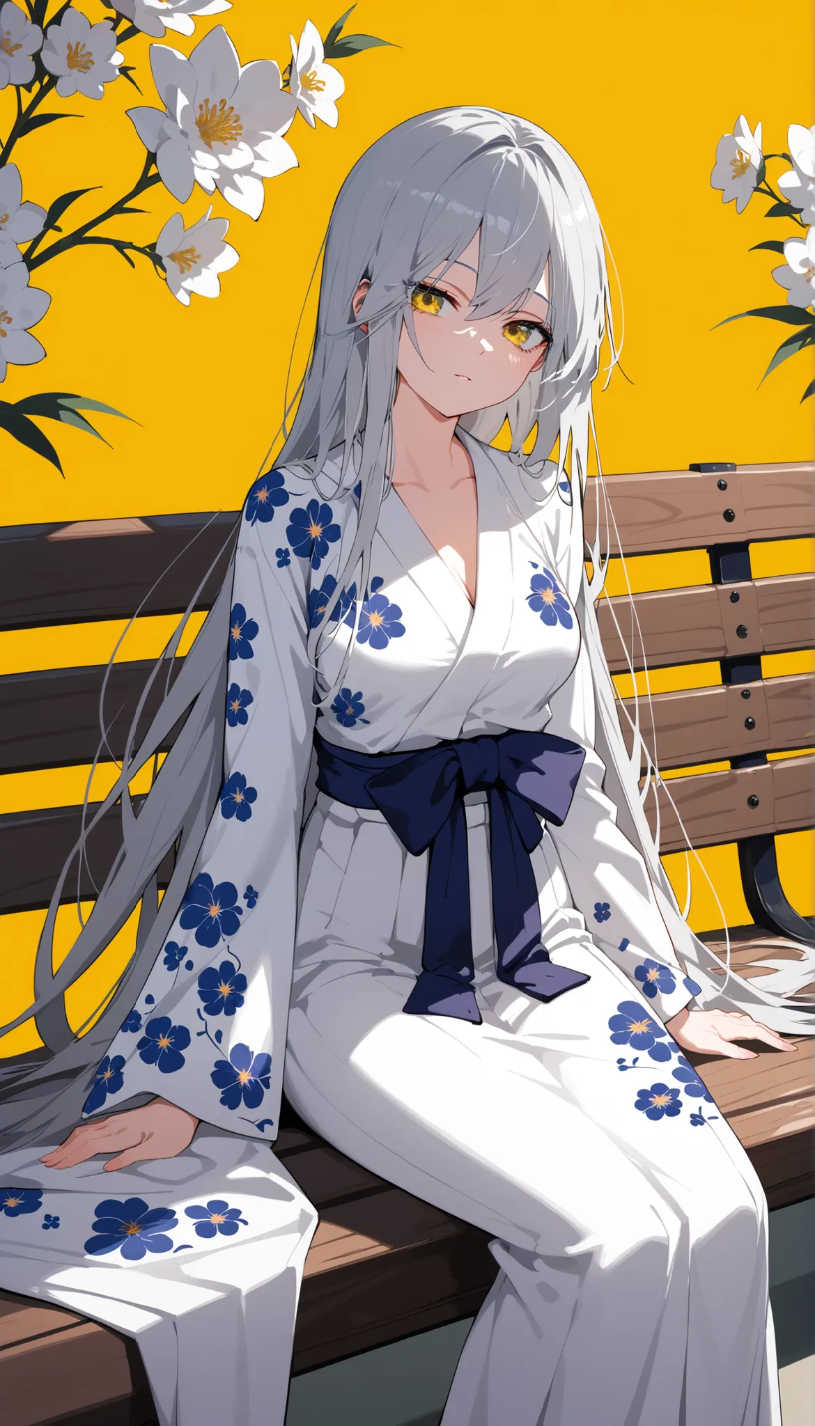 girl,white hair,, gray hair,slim,white,in yellow eyes,Long White Kimono , hakama ,long hair, busy , Milf, Tomboy,eyelash,yellow background, dark edges,Slim,long hair,Floral Print Shirt,เส้นlong hair,Seating ,On the bench ,Long dress ,