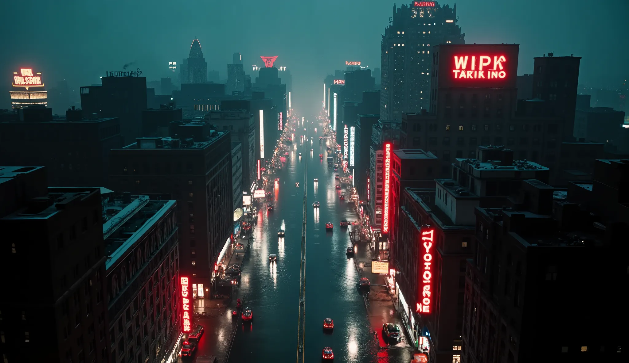 "An ultra-realistic aerial view of a 1940s city at night, estilo noir, with the camera descending gently from the dark and stormy clouds. The city is illuminated by bright neon signs in shades of red, azul e amarelo, with art deco skyscrapers and streets s...