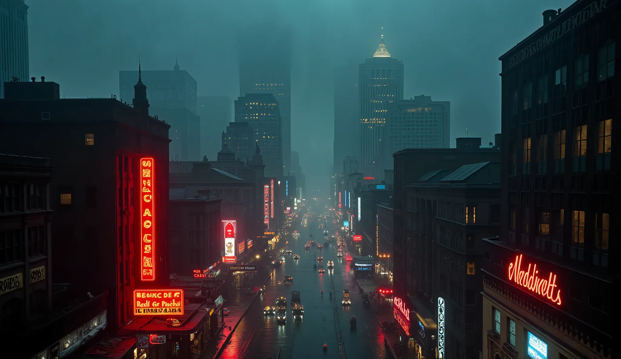 "An ultra-realistic aerial view of a 1940s city at night, estilo noir, with the camera descending gently from the dark and stormy clouds. The city is illuminated by bright neon signs in shades of red, azul e amarelo, with art deco skyscrapers and streets s...