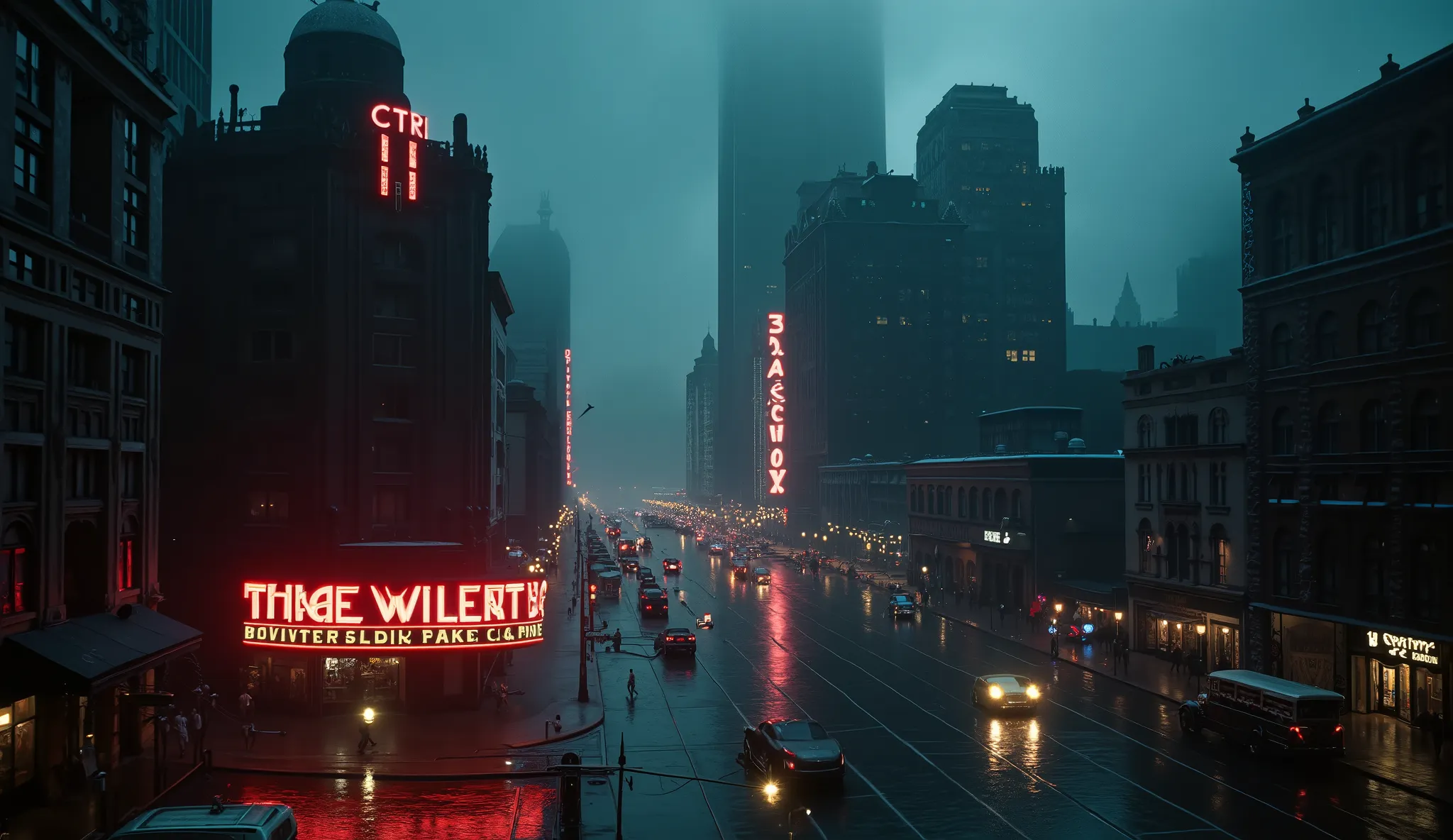 "An ultra-realistic aerial view of a 1940s city at night, estilo noir, with the camera descending gently from the dark and stormy clouds. The city is illuminated by bright neon signs in shades of red, azul e amarelo, with art deco skyscrapers and streets s...