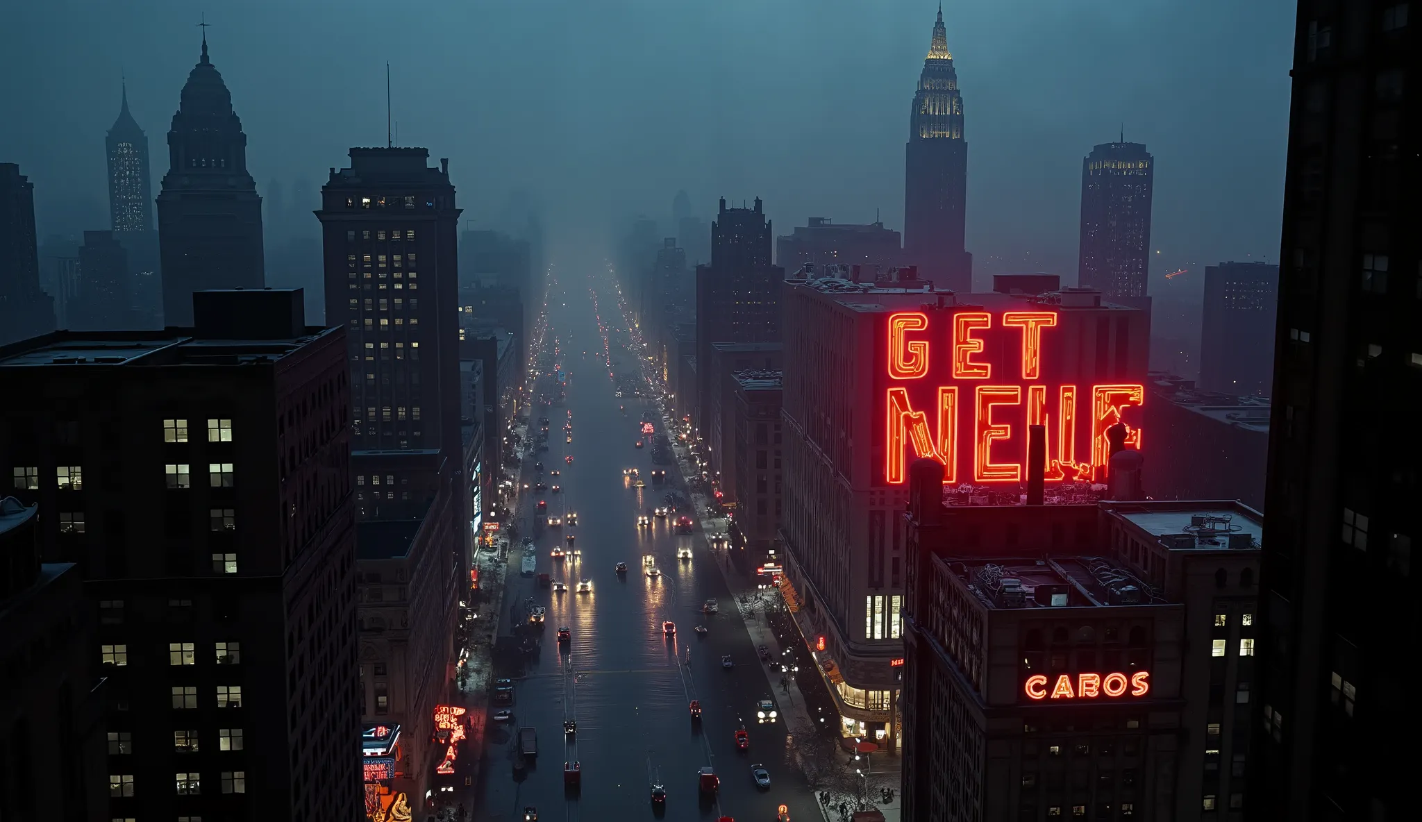 "An ultra-realistic aerial view of a 1940s city at night, estilo noir, with the camera descending gently from the dark and stormy clouds. The city is illuminated by bright neon signs in shades of red, azul e amarelo, with art deco skyscrapers and streets s...