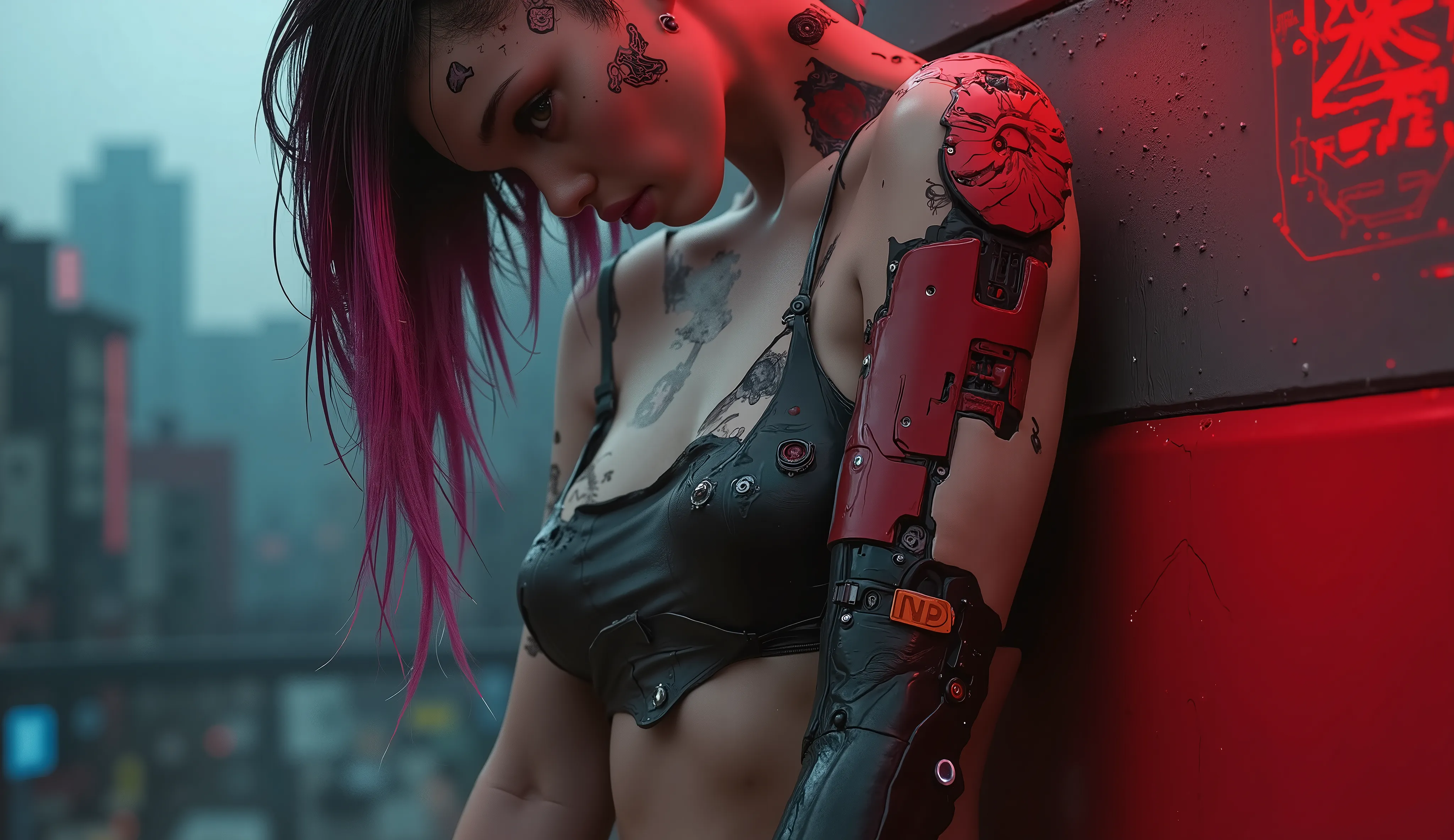 epic full body shof of japanese style cyberpunk metal gear android girl with cybernetic displays with folded arms, leaning against the wall,in rain and implants, cool fitting clothes, japan style, high detail, graphitte background, red aura, moodyinnova...