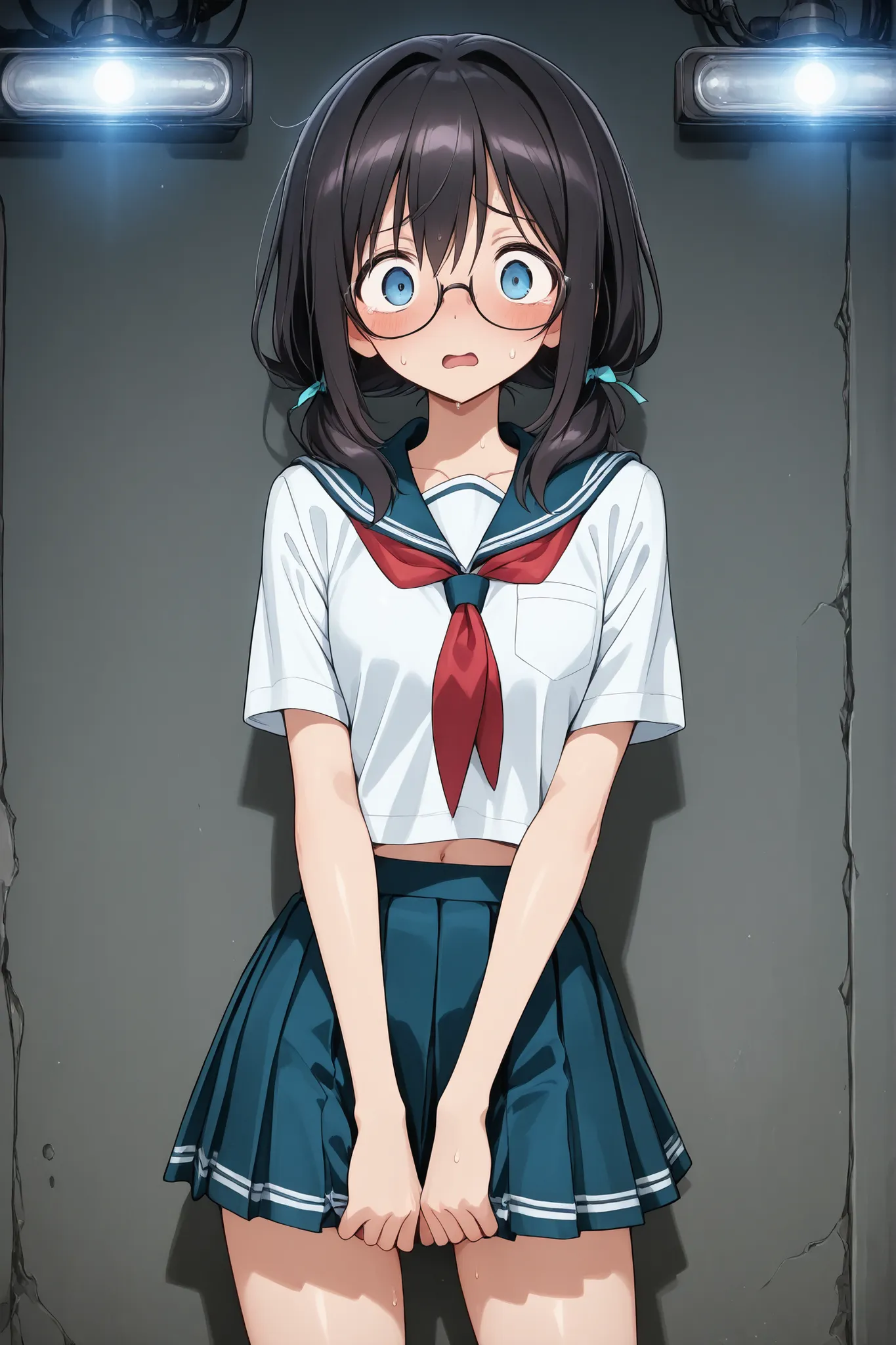 blue eyes、frightened expression、(dark haired、glasses) 、((school uniform、Handy lights、 juvenile system))、Anime Style、High Definition、high quality、1girl、Sexy、NSFW、Dark Core、cowboy shot
