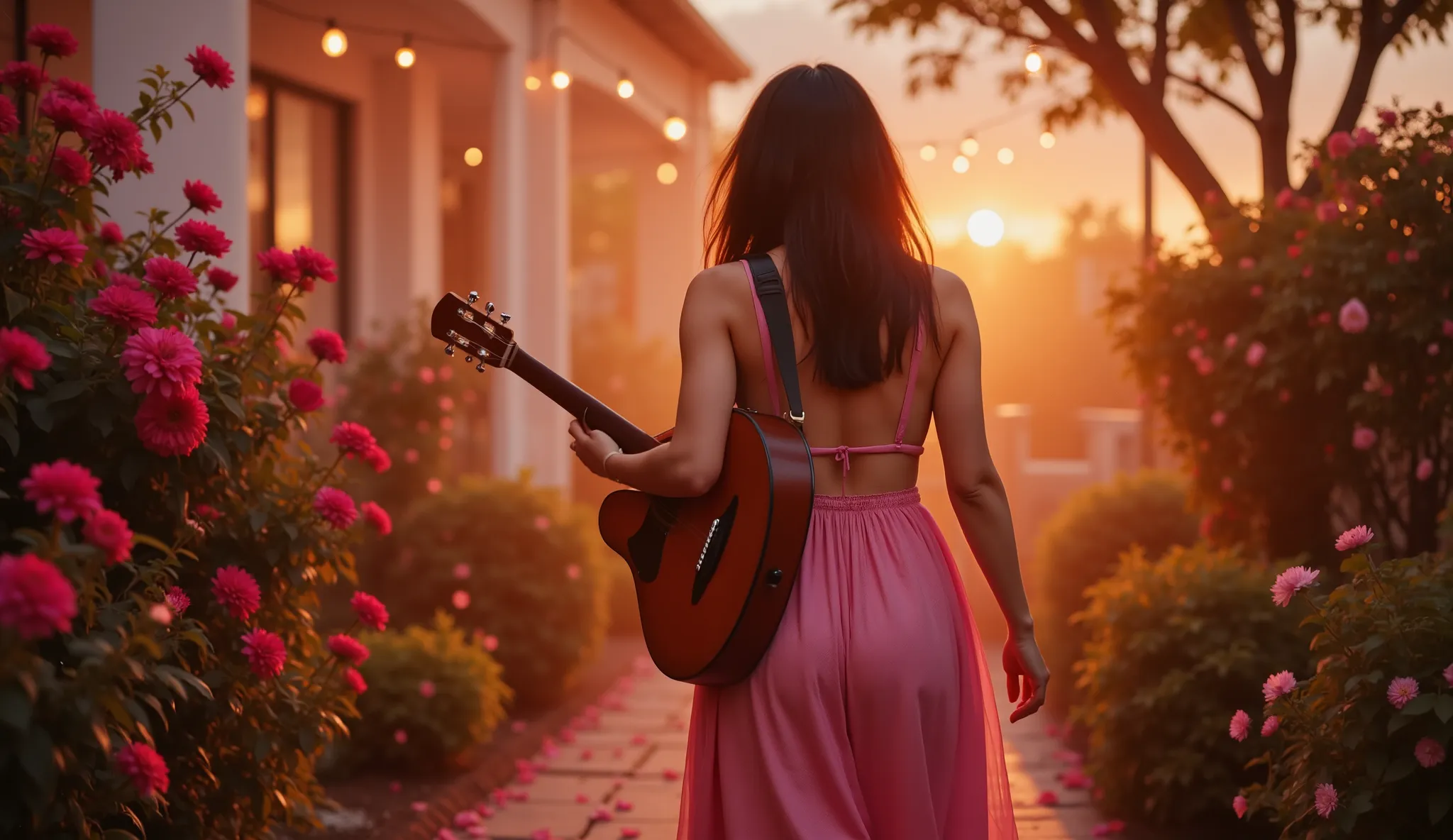 Scene 5: Final Walk Away (Outro)
Prompt:
16:9 cinematic slow zoom-out shot of Meera Rai walking away down a fairy-lit rooftop path, holding her guitar. Her silhouette is gently lit, and flower petals or soft sparkles fall in the background. She looks back ...