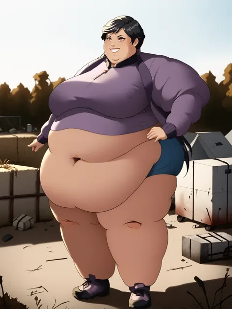 masterpiece, best quality, high resolution,score_9, score_8_up, score_7_up, score_6_up, source_anime, 1girl, solo, hay lin, athleisure, purple jacket, large breasts, long hair, twin tails, black hair, brown eyes, dark skin, smiling, outdoors, wasteland, f...