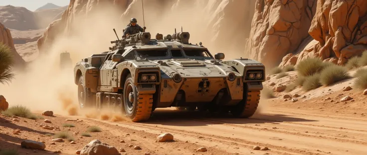 The tank moves smoothly along a dusty road with rising clouds of dust, the middle angle of the camera follows him smoothly, photorealistic style with bright daylight.