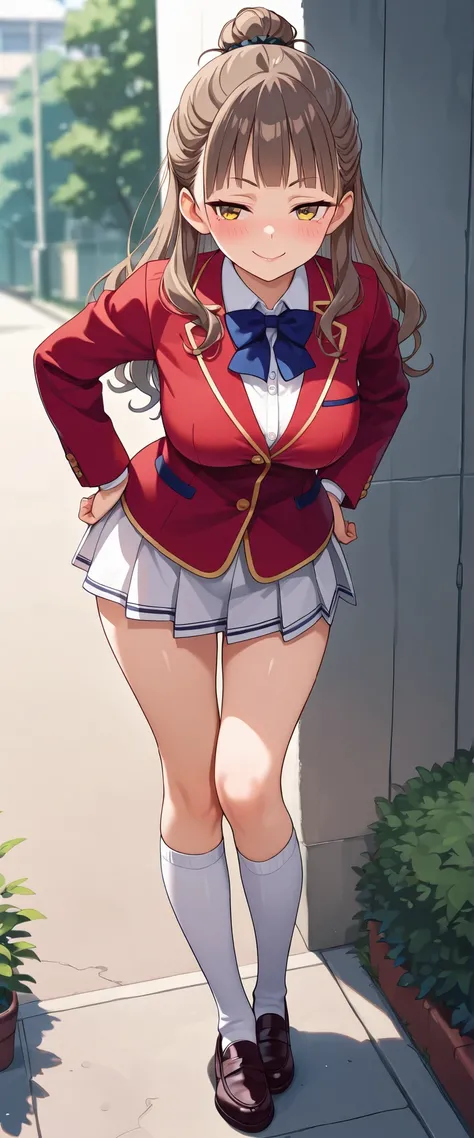 rika morofuji, brown hair, long hair, yellow eyes, girl, red jacket school uniform, white shirt, red jacket, collared shirt, blue bowtie, white skirt,from front, standing ,1girl, solo ,school outdoor, masterpiece, best quality, amazing quality, very aesthe...