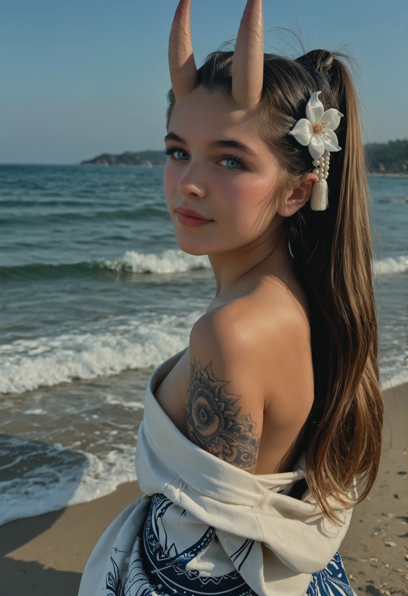 ,masterpiece, best quality, very detailed, score_9, score_8_up, score_7_up, score_6_up, natural white hair color, hair ornament (flower, blue, hair jewelry, pearl, and blue stone), solo, 18 years old, ( solo), outdoor, very sexy, female, bright blue cat ey...