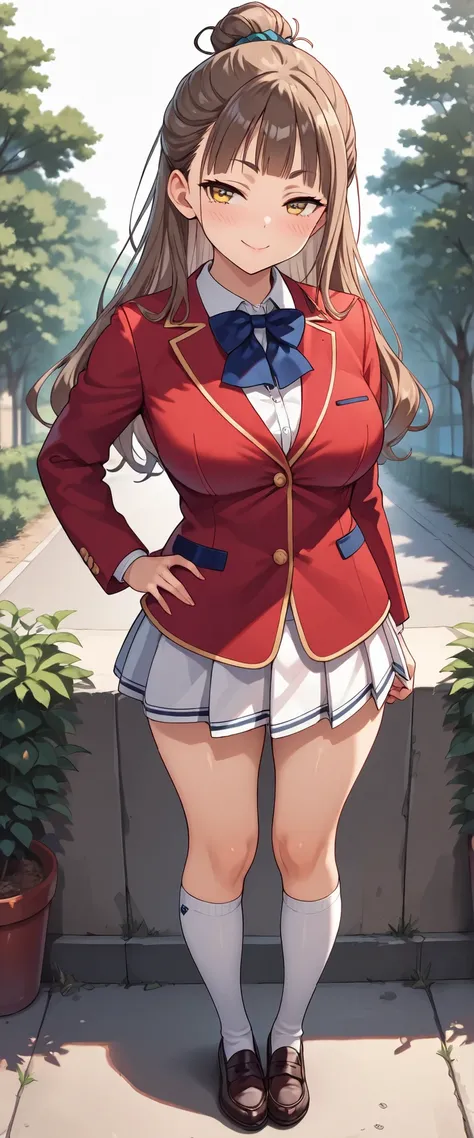 rika morofuji, brown hair, long hair, yellow eyes, girl, red jacket school uniform, white shirt, red jacket, collared shirt, blue bowtie, white skirt,from front, standing ,1girl, solo ,school outdoor, masterpiece, best quality, amazing quality, very aesthe...