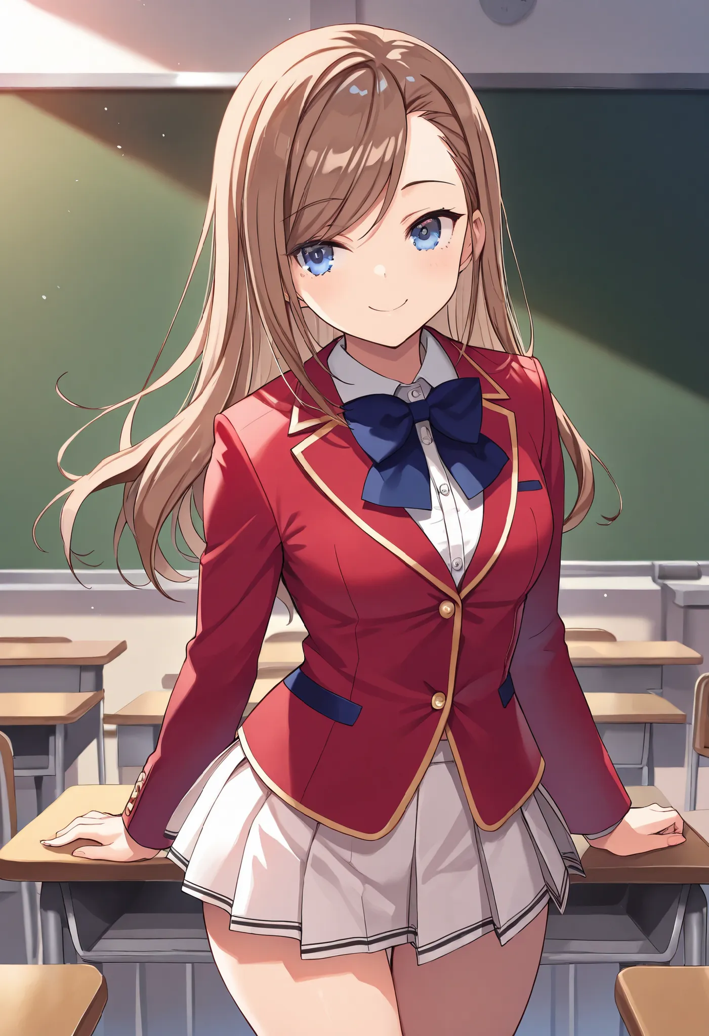masterpiece, best quality, highres, 1girl,solo, matsushita, swept bangs brown hair, white skirt, red blazer(closed blazer, buttoned blazer,two button), blue bowtie, shirt,thigh ,standing, classroom ,cowboy shot, smile ,perfect light, from front