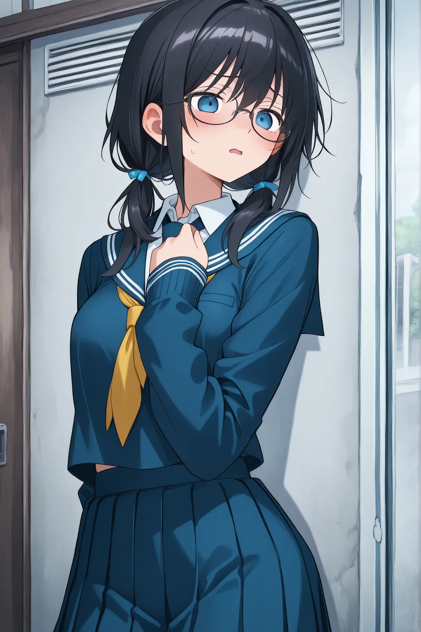 blue eyes、frightened expression、(dark haired、glasses) 、((school uniform、 juvenile system))、Anime Style、High Definition、high quality、Inside an abandoned school、1girl、Sexy、NSFW、Dark Core、cowboy shot