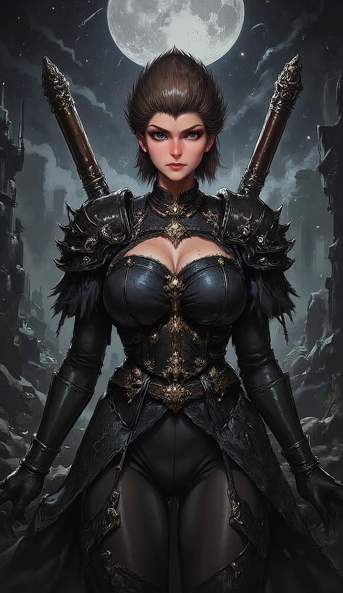 pinkdarkfantasy,
A woman with long black hair, wearing intricate black armor with emerald gemstones, holding a large, glowing green scythe, standing amidst burning ruins.