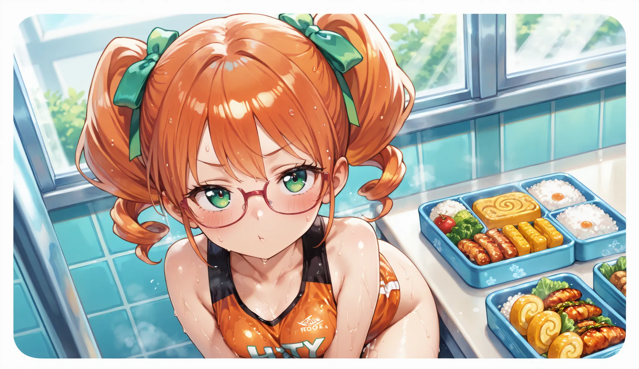 A vibrant, high-resolution anime-style illustration of a fantasy bento box scene featuring a cute anime girl as a "bento fairy." The girl has bright orange curly twin ponytails tied with green ribbons, and large emerald green eyes with a cheerful, confiden...