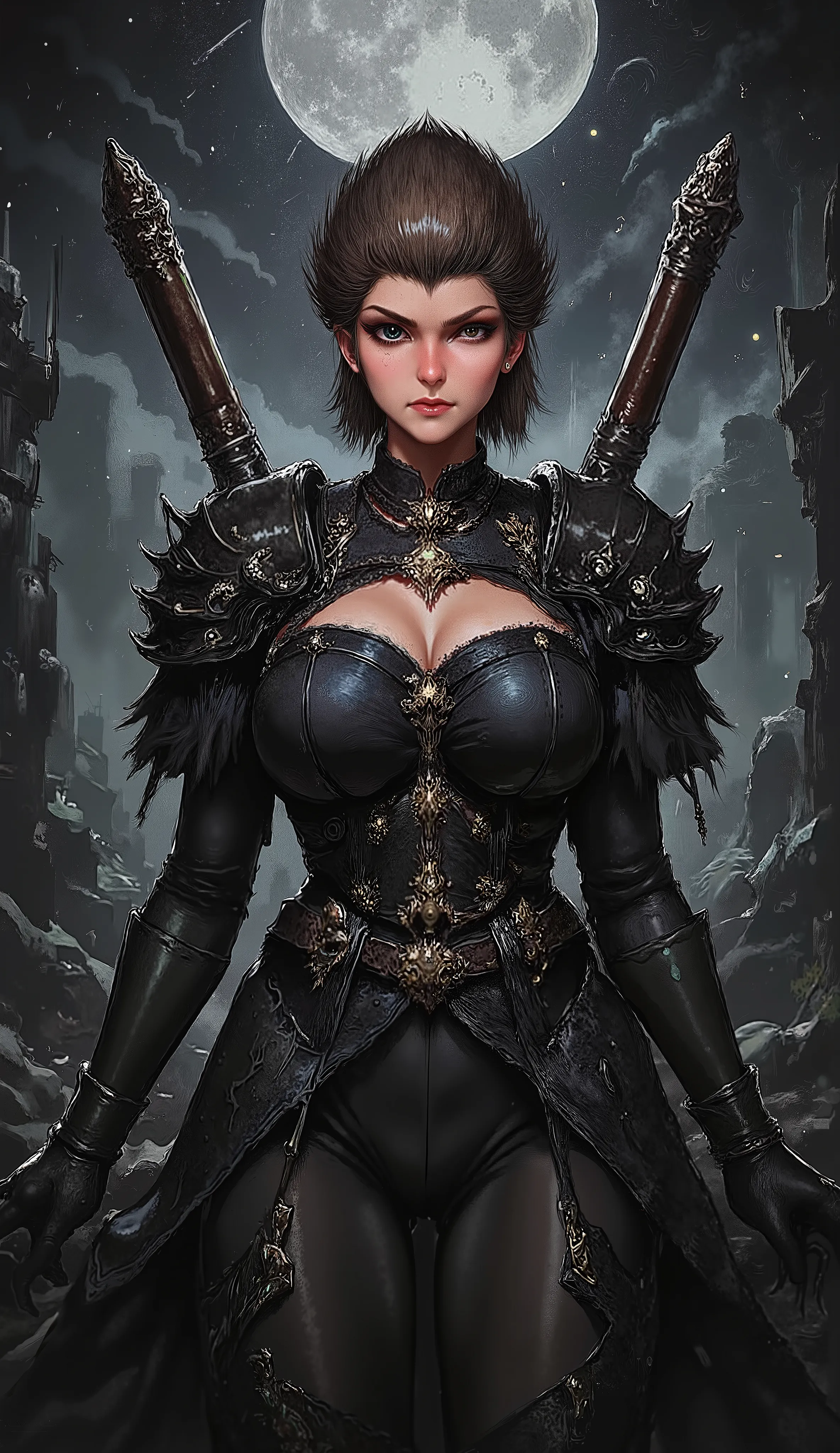 pinkdarkfantasy,
A woman with long black hair, wearing intricate black armor with emerald gemstones, holding a large, glowing green scythe, standing amidst burning ruins.