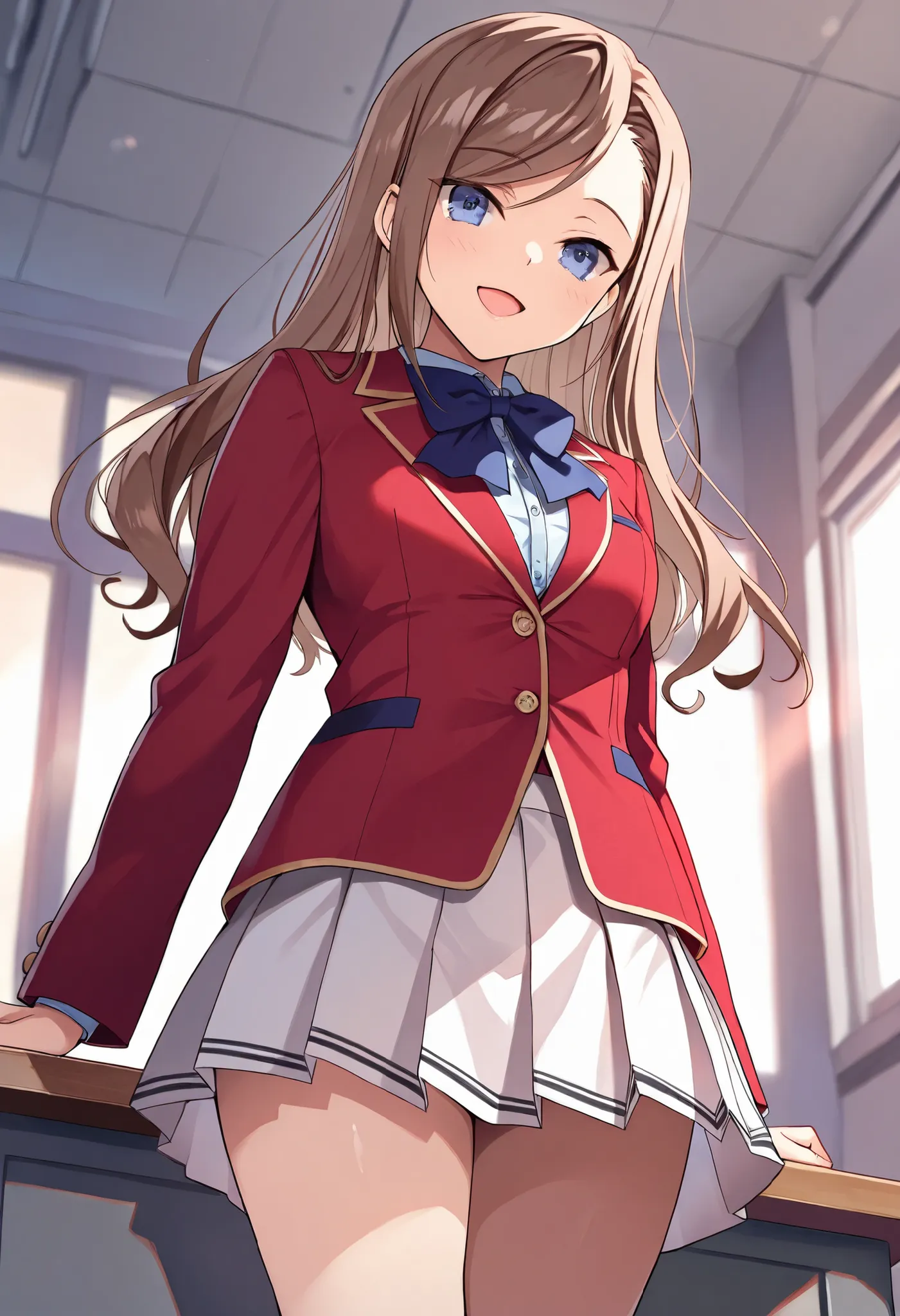 masterpiece, best quality, highres, 1girl,solo, matsushita, swept bangs brown hair, white skirt, red blazer(closed blazer, buttoned blazer,two button), blue bowtie, shirt,thigh ,standing, classroom ,cowboy shot, smile ,perfect light, from below ,raise down...