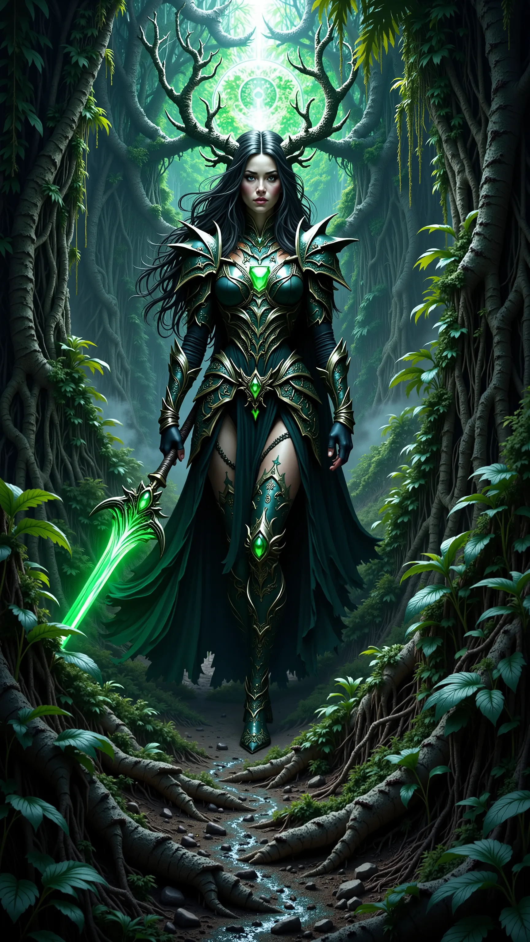 pinkdarkfantasy,
A woman with long black hair, wearing intricate black armor with emerald gemstones, holding a large, glowing green scythe, standing amidst burning ruins.